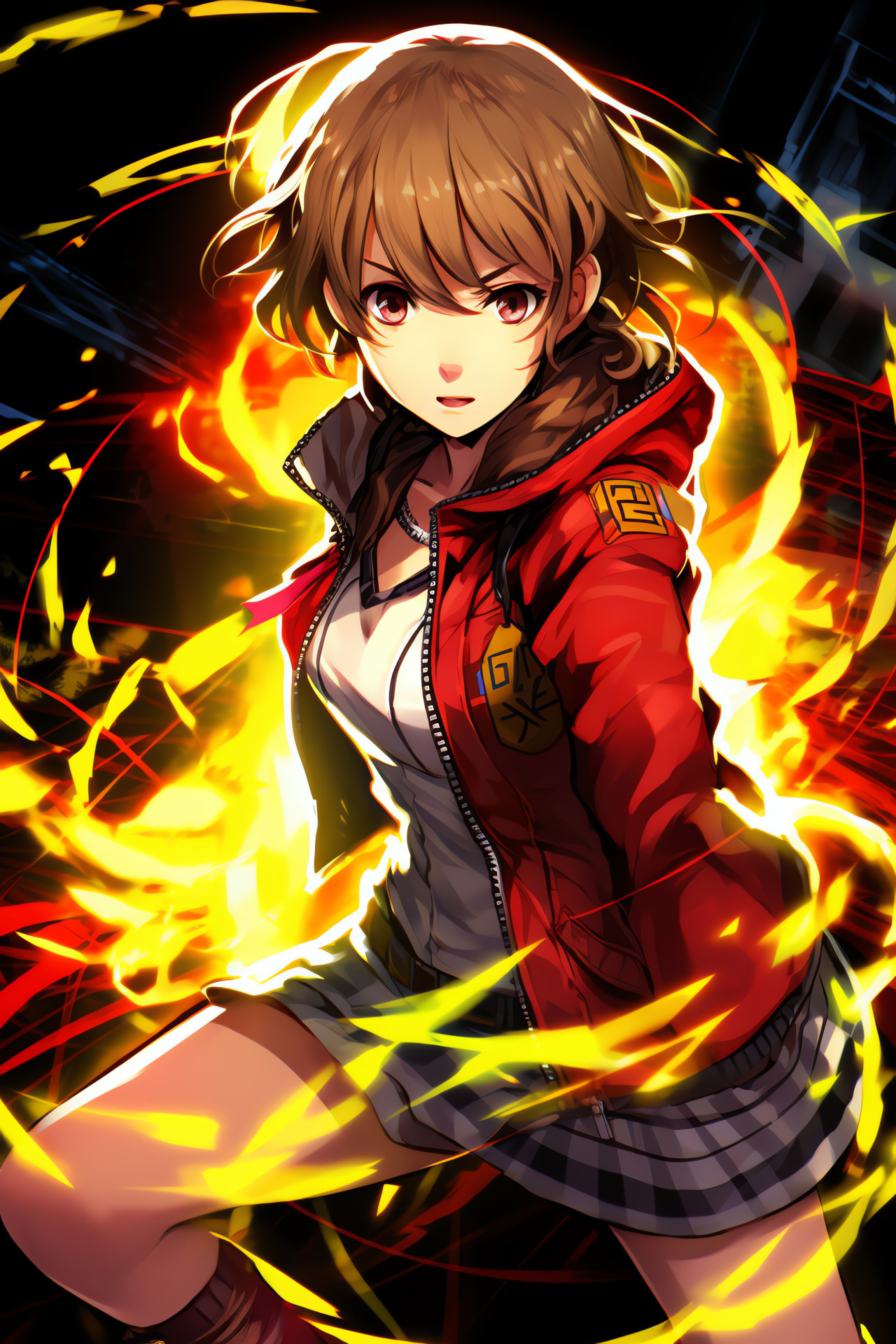 Persona 4 Chie Satonaka, combat prowess, footwear focus, energy display, gaming illustration, HD Phone Wallpaper