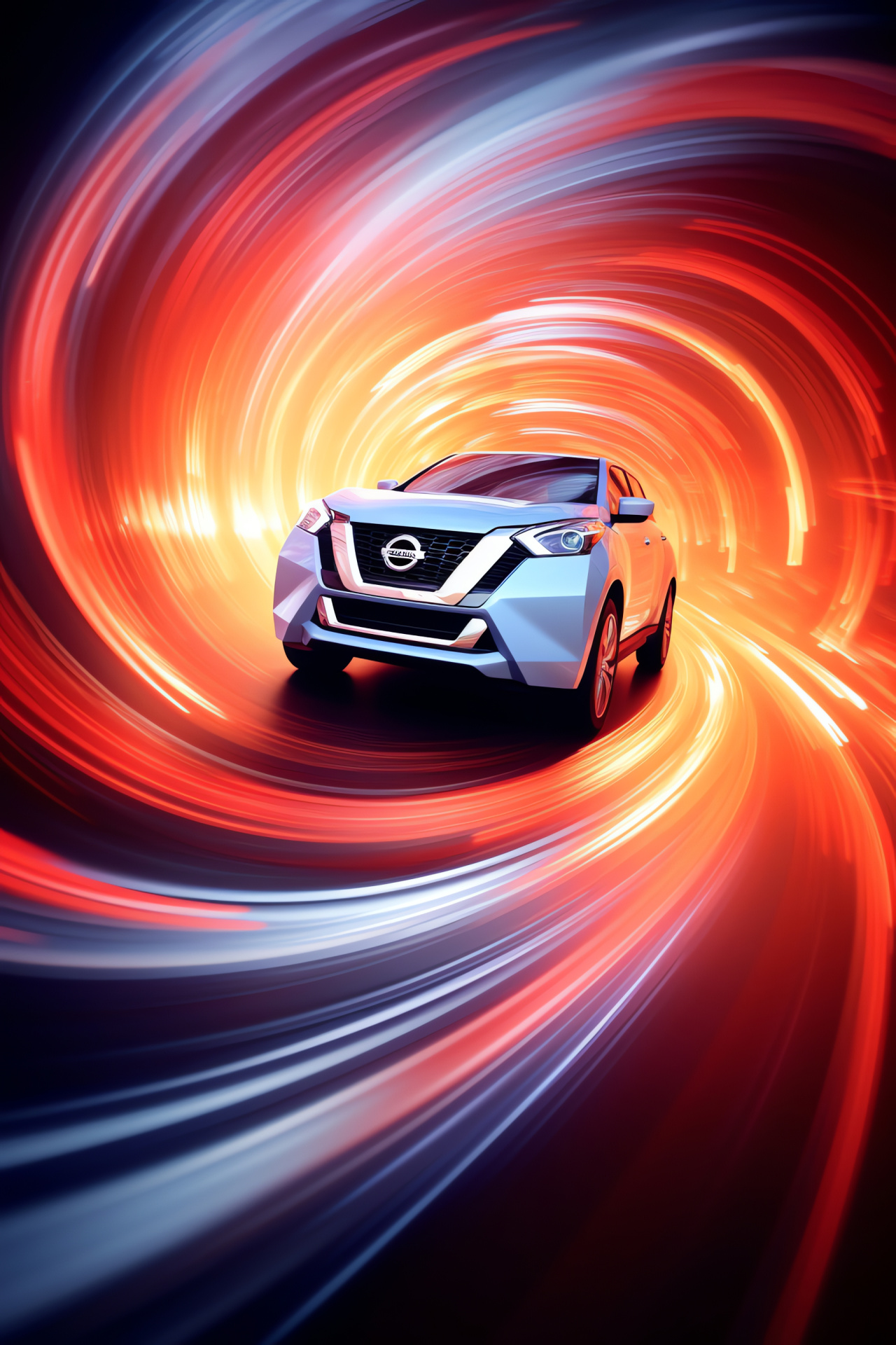 Japanese automaker emblem, Nissan badge, intricate luminous patterns, broad frame, artistic interpretation, HD Phone Image