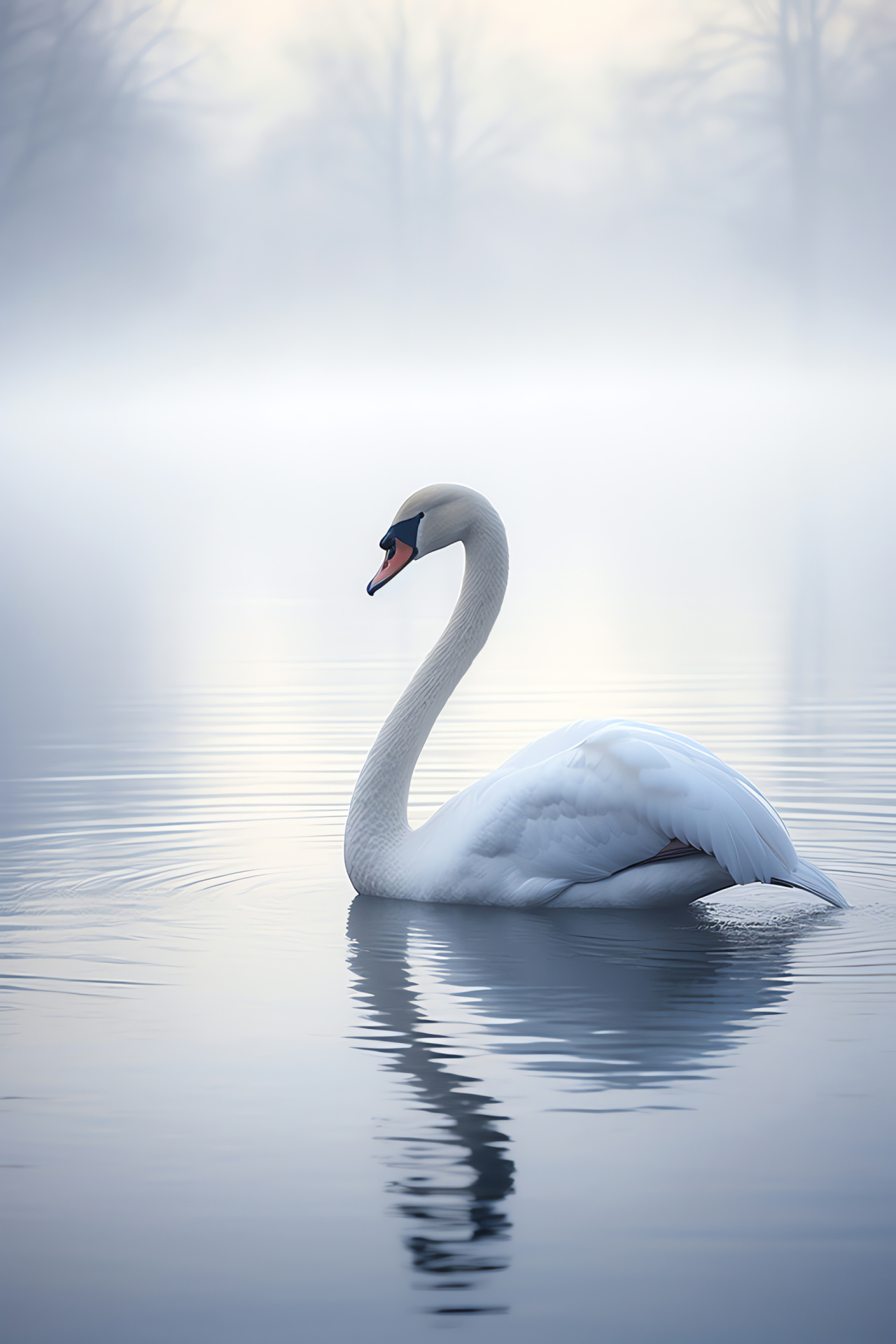 Solitary waterfowl silhouette, tranquil waterside setting, muted feather tones, mist-enveloped water, peaceful swan, HD Phone Image