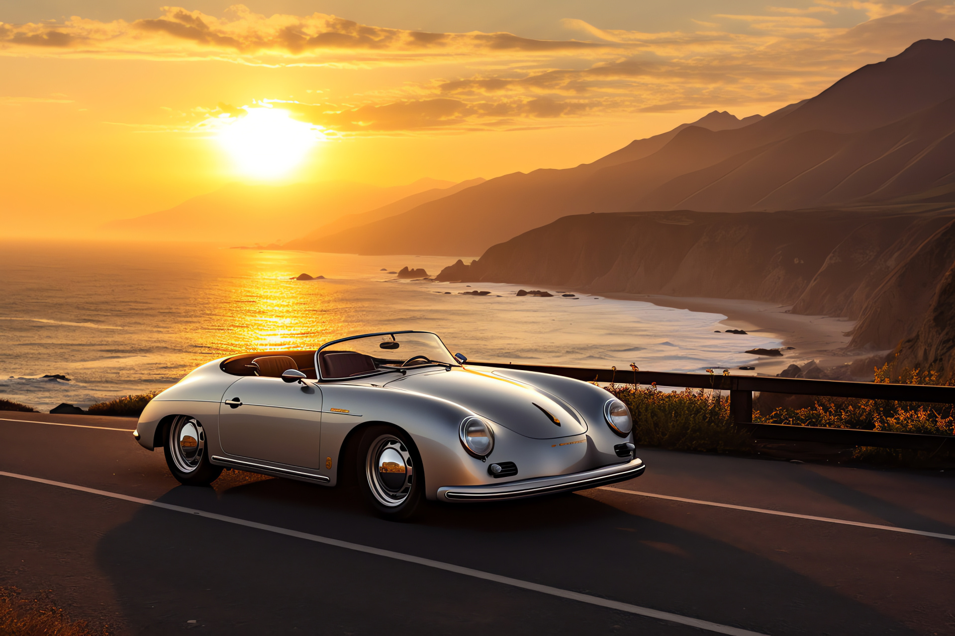 Porsche 356 California journey, Silver Speedster, Pacific Coast cruising, Timeless beachside travel, Coastal roadtrip, HD Desktop Image