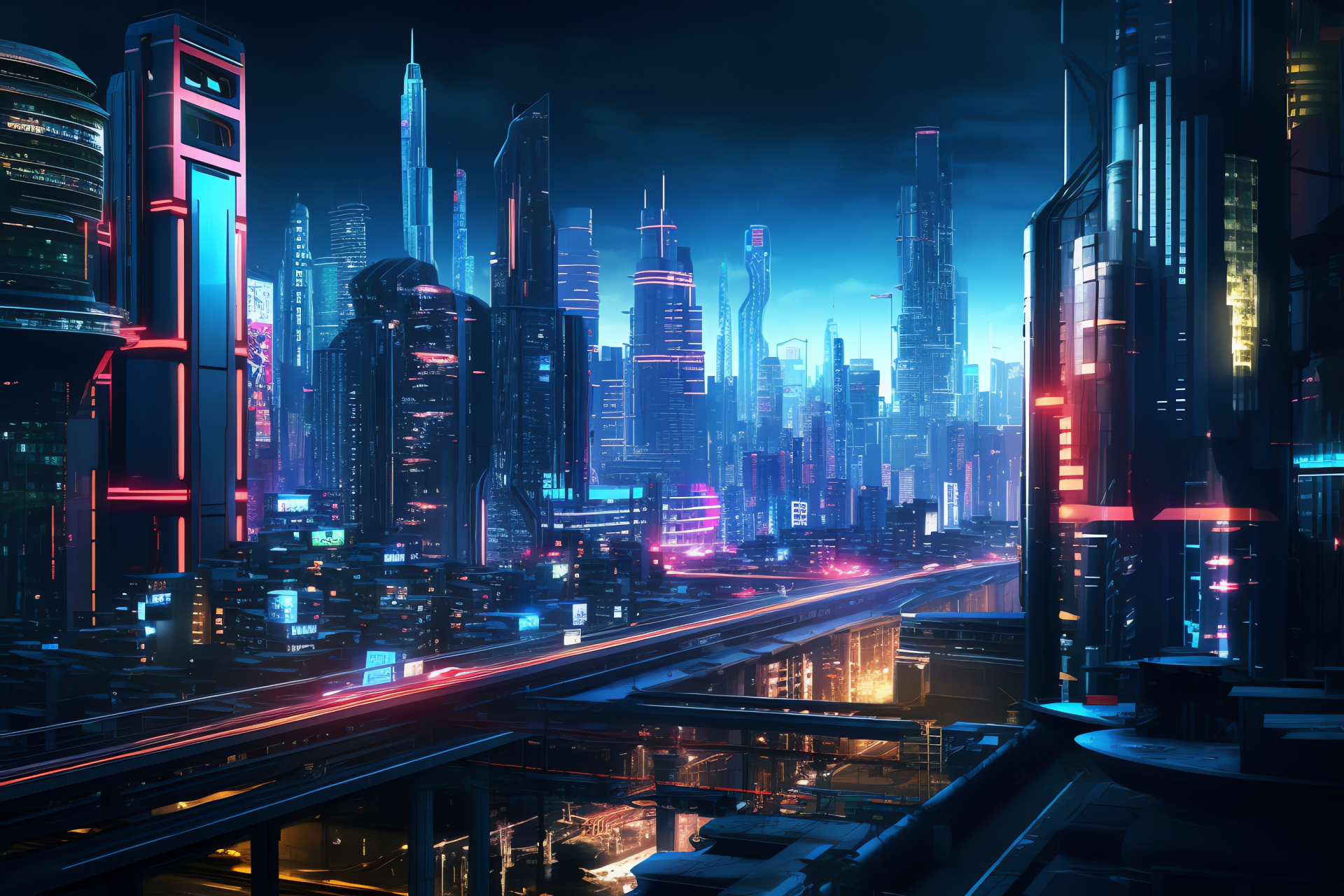 Neon-lit megalopolis, Cybernetic urbanity, Elevated thoroughfares, Digital skyline, Synthetic ecologies, HD Desktop Wallpaper