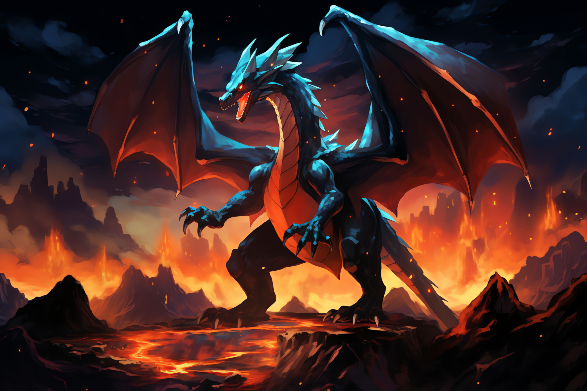 Charizard gaming icon, Volcanic environment, Rugged rocks, Fluid magma, Gloomy radiance, HD Desktop Image