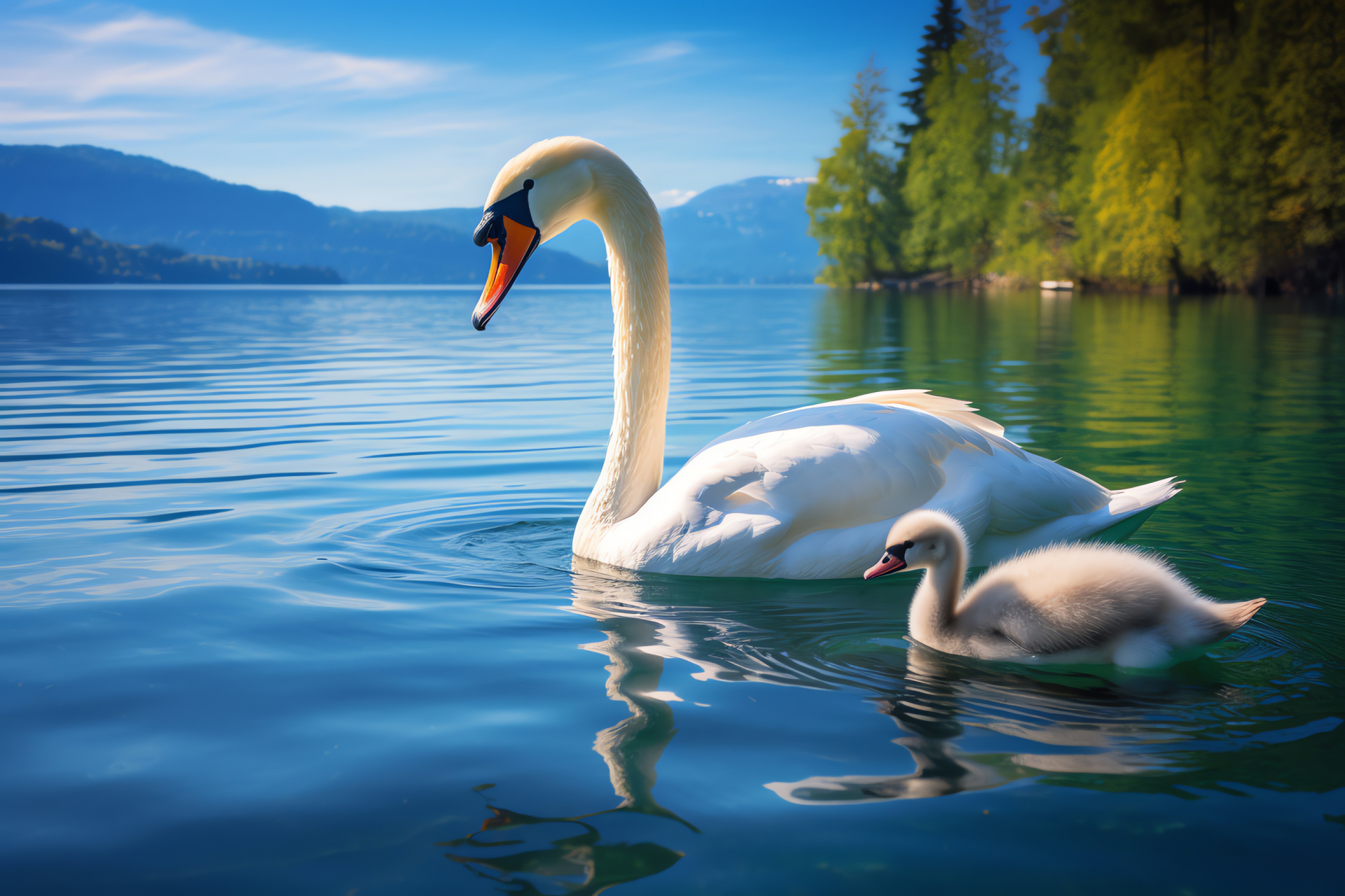 Waterbird cluster glide, Lake avian family, Swan couple elegance, Still aquatic surface, Bi-chromatic environment, HD Desktop Image