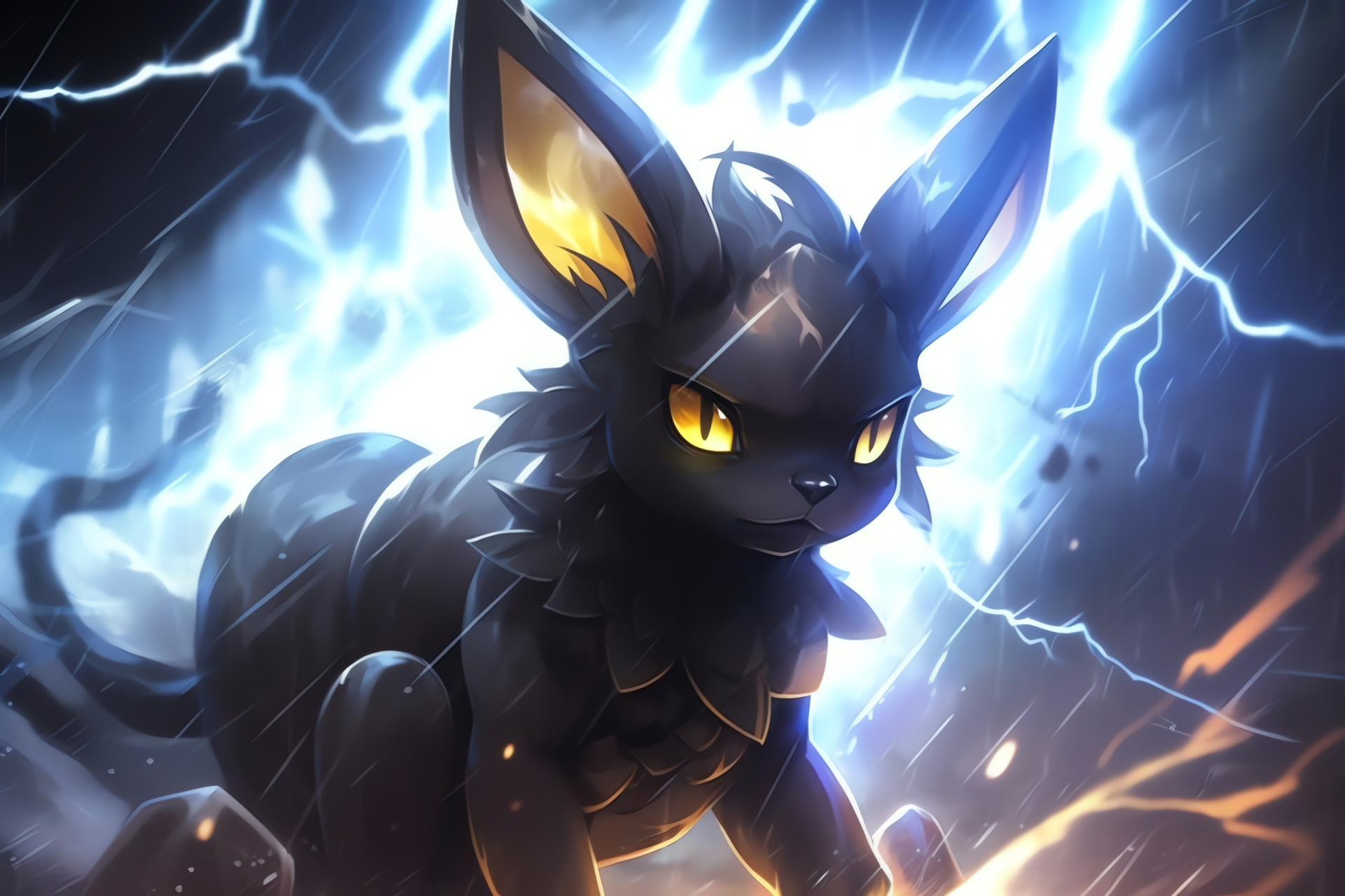 Eevee evolution Umbreon, Swift night dweller, Electrifying sky backdrop, Torrential weather, Gloss ebony hide, HD Desktop Wallpaper