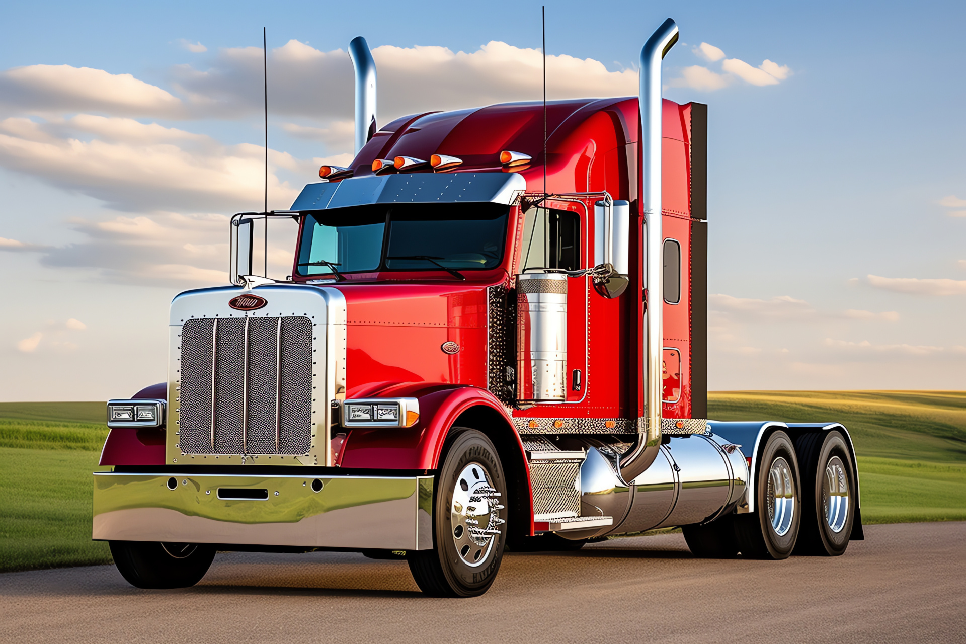 Trucking emblem, Peterbilt brand, Midwest highway, Glossy truck paint, Red and black palette, HD Desktop Image