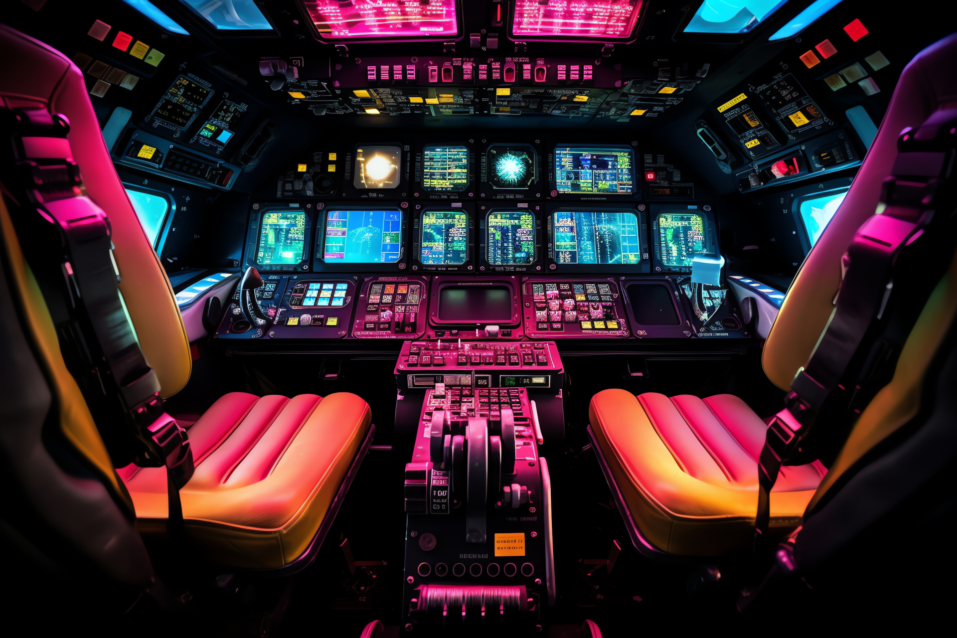 Cockpit interior perspective, Spacecraft controls, Shuttle piloting station, Commanding dashboard, Electronics array, HD Desktop Image