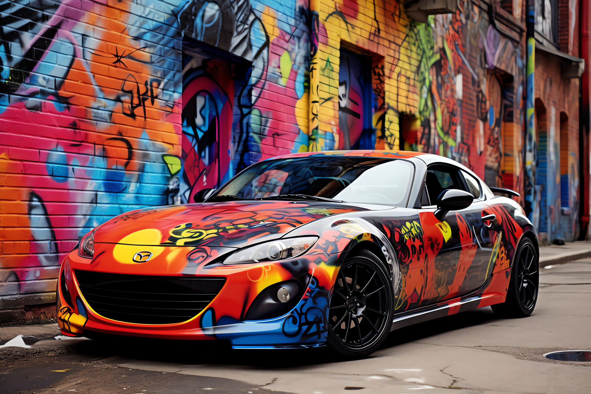 Street art Mazda RX8, Urban style vehicle, Graffiti art car, Dynamic street presence, Bold car expression, HD Desktop Wallpaper