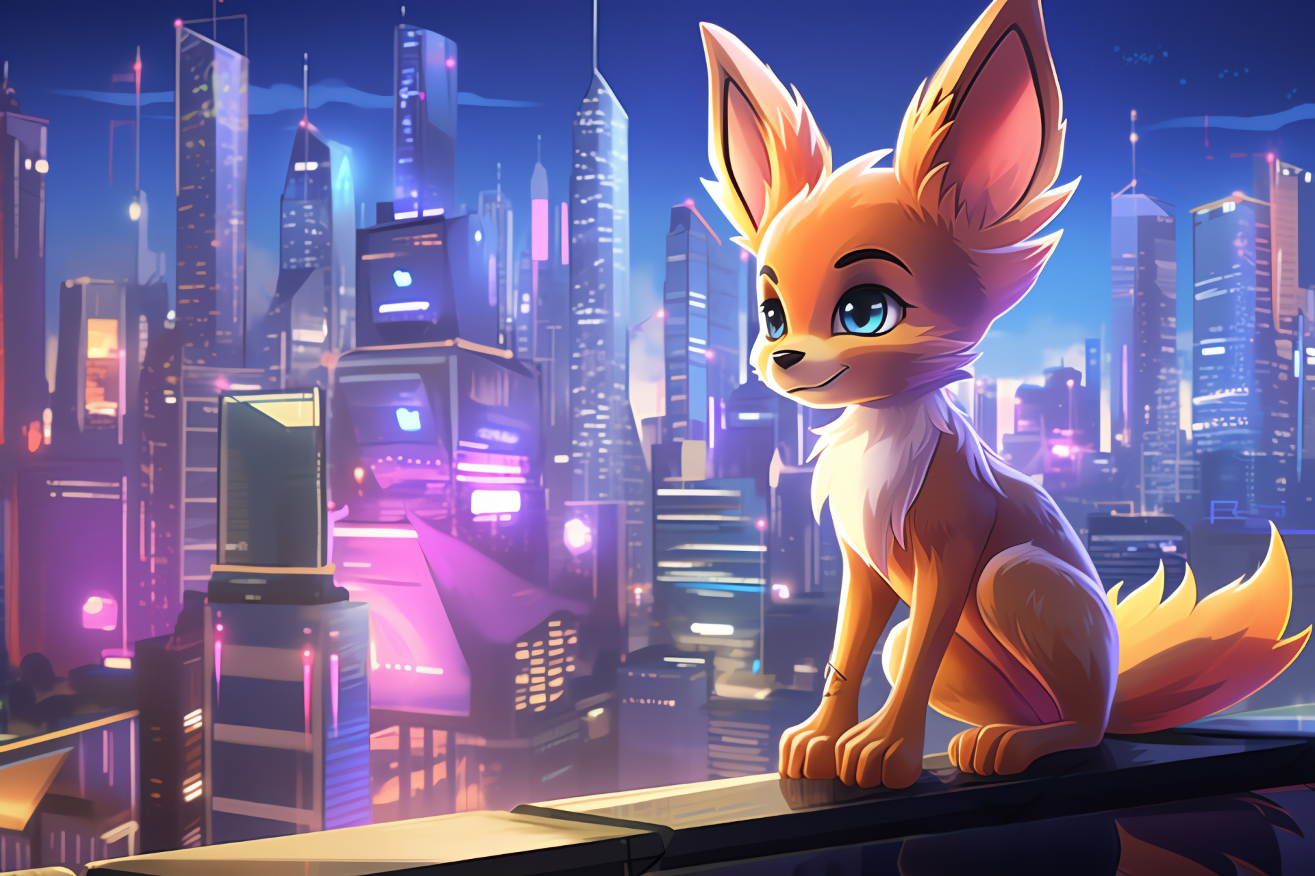 Fennekin, Pokemon, Advanced cityscape, Urban architecture, Future technology, HD Desktop Image