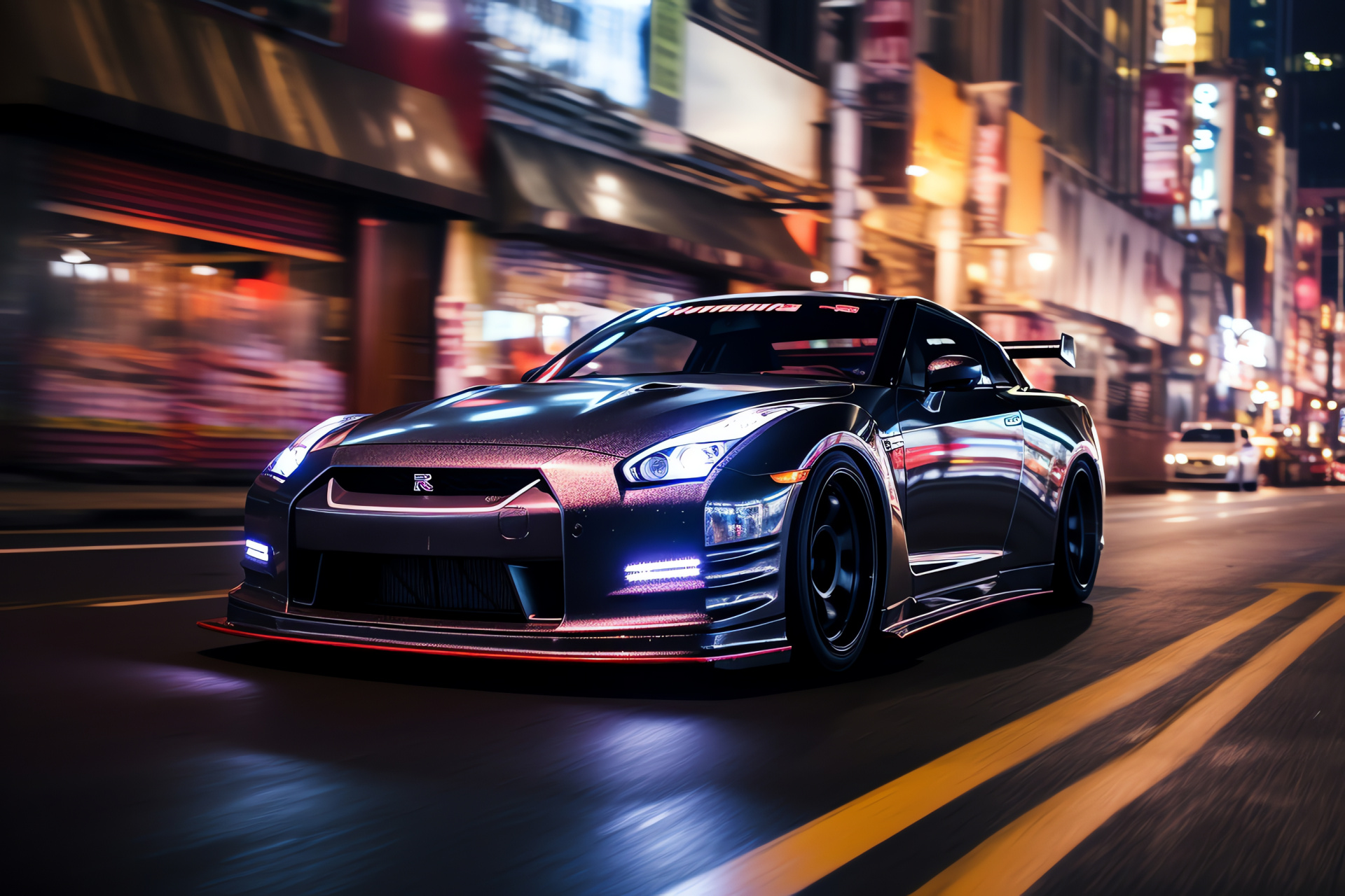 Nissan GTR motion blur, Tokyo Shibuya crossing, Urban racing environment, Vehicle speed capture, City lights, HD Desktop Wallpaper