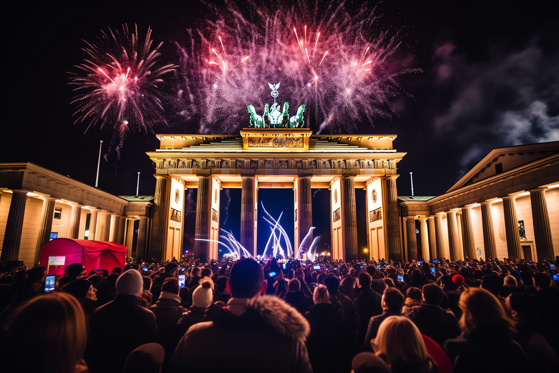 Berlin NYE gala, Brandenburg elegance, rhythmic celebration, sky illuminations, crowds gather, HD Desktop Wallpaper