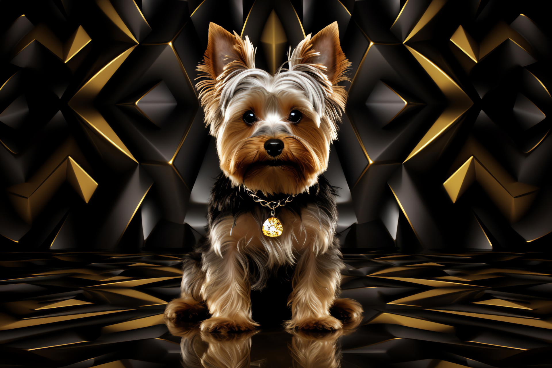 Yorkshire terrier pose, Canine with bright eyes, Black and gold backdrop, Pet breed characteristics, Mid-length fur dog, HD Desktop Wallpaper