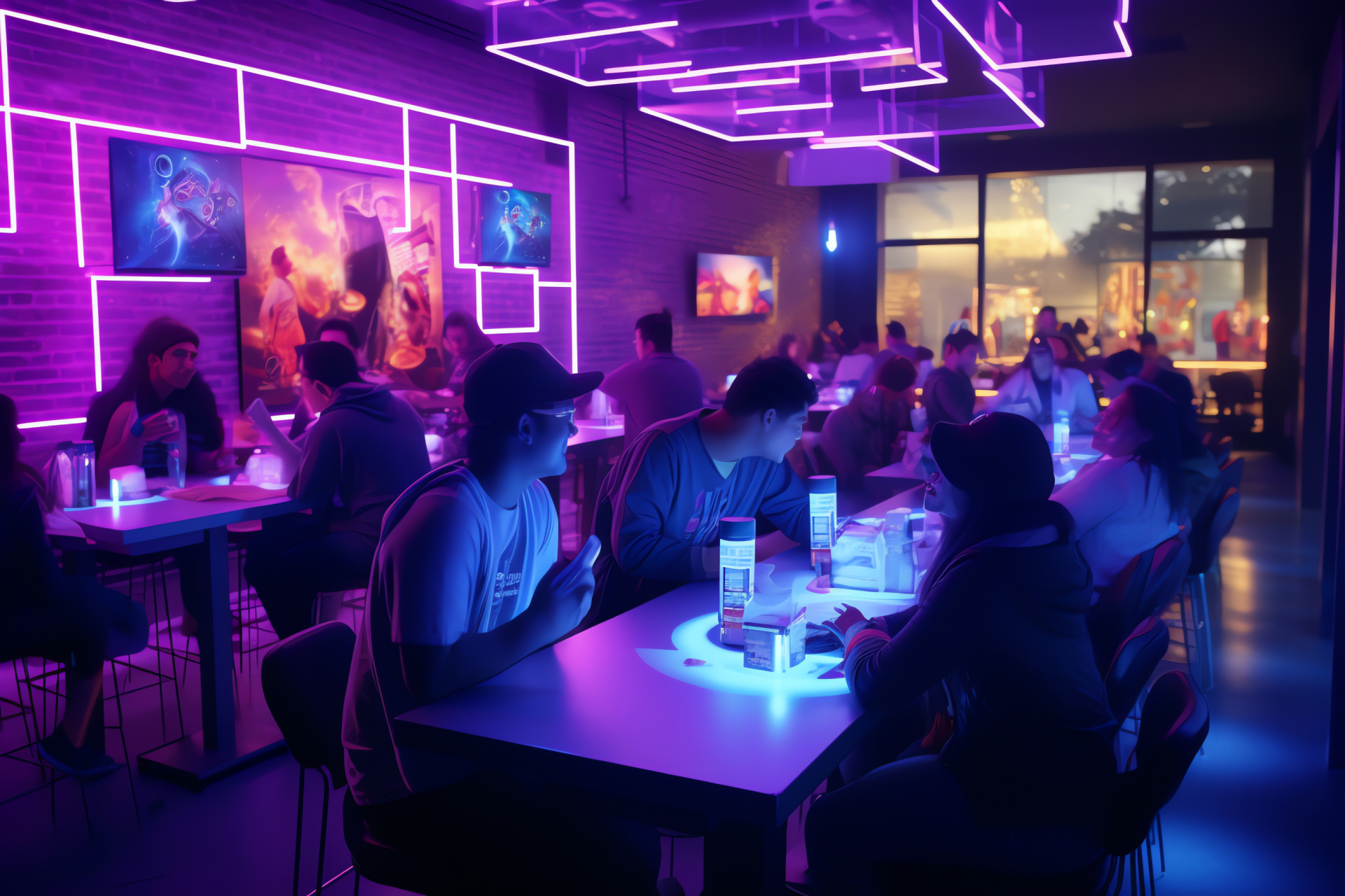 Taco Bell Cantina, Urban restaurant vibe, Chic modern layout, Glow of neon signage, Diverse clientele, HD Desktop Wallpaper