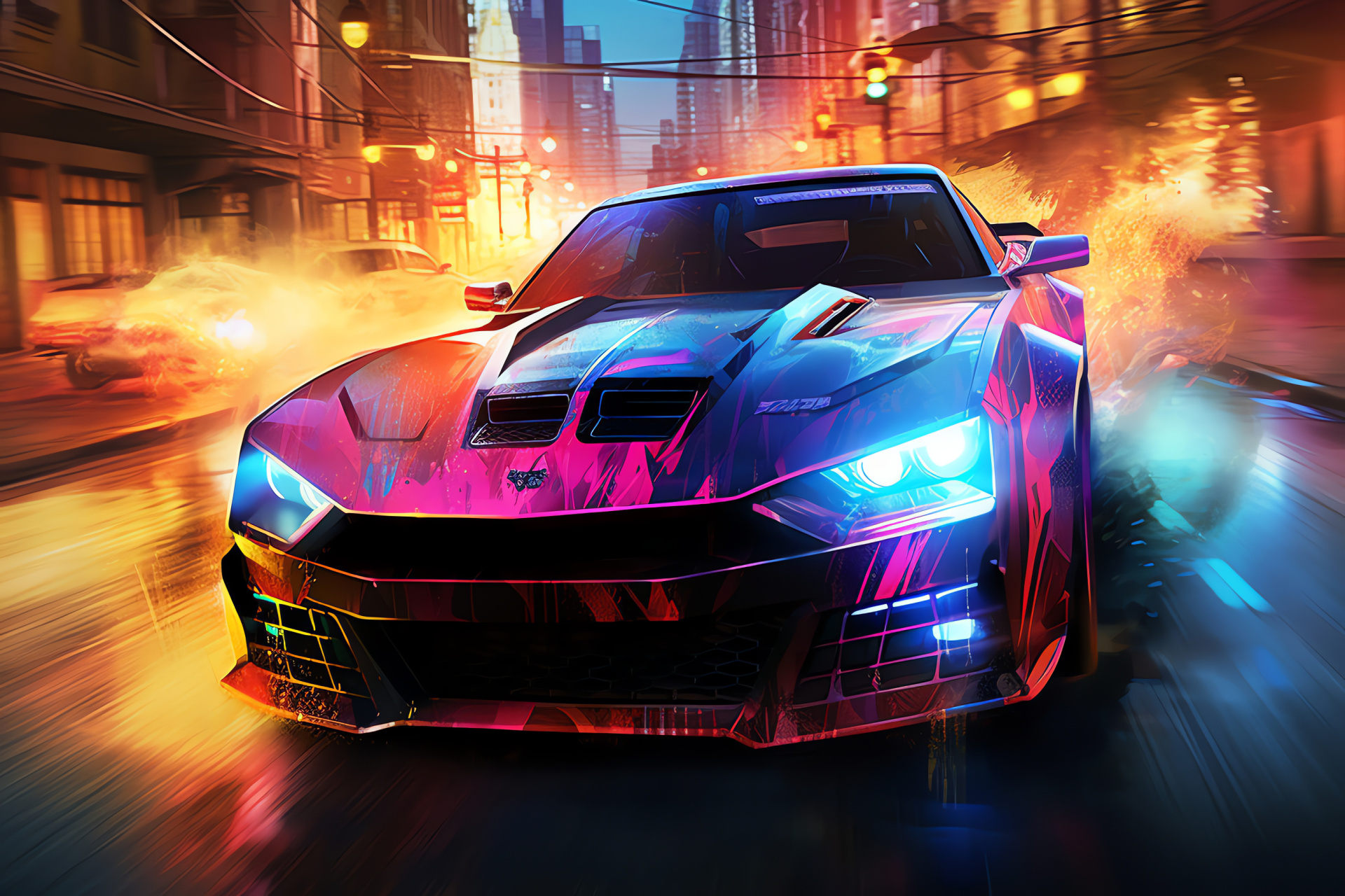 Intimidating Callahan, Steely focus, Resolute facade, Iconic sportscar, Striking city glow, HD Desktop Image