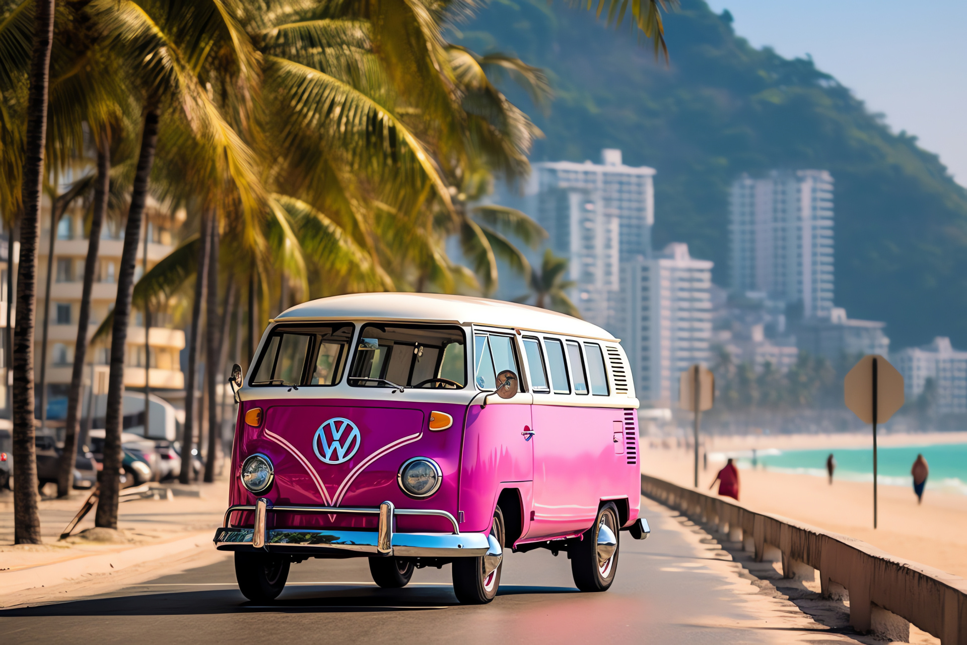 Rio cityscape, VW Kombi Pink Cars, Beachside leisure, Brazilian palm vegetation, HD Desktop Wallpaper