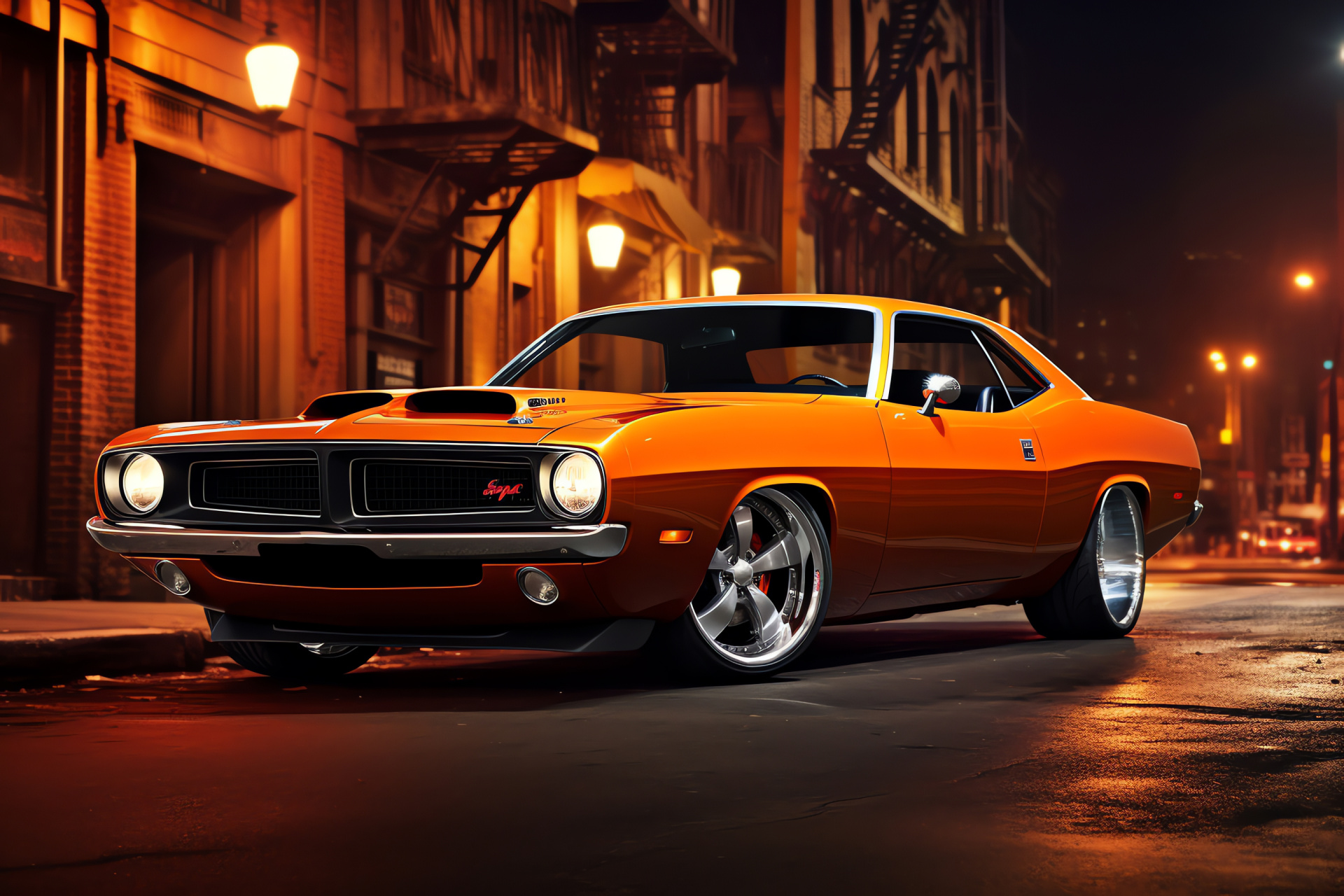 Plymouth AAR Barracuda, Stout American muscle, Detroit automotive legacy, AAR scoop feature, Brilliant orange hue, HD Desktop Image