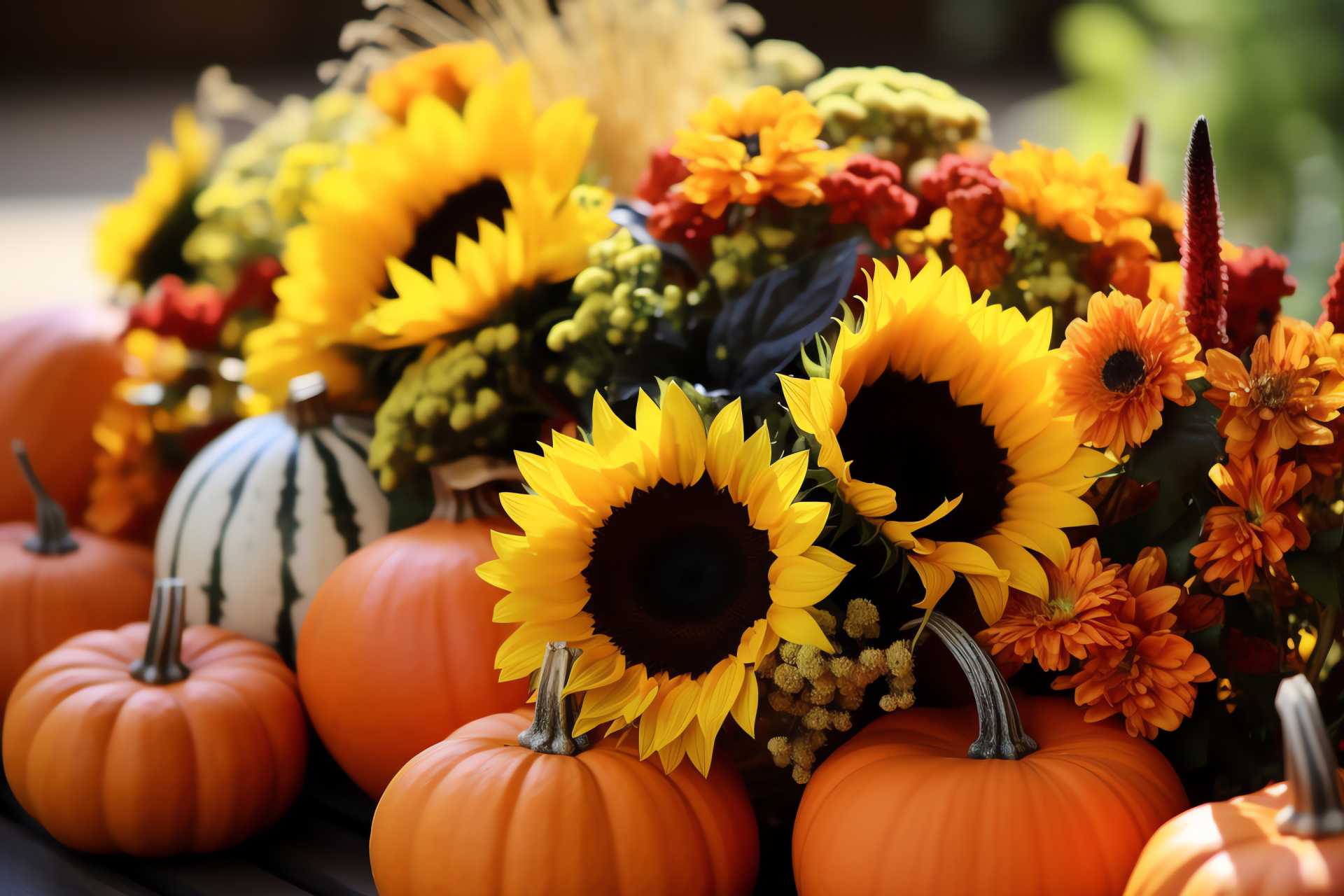 Harvest festival display, Thanksgiving centerpiece, miniature pumpkins, autumn-hued gourds, cheerful sunflowers, HD Desktop Wallpaper