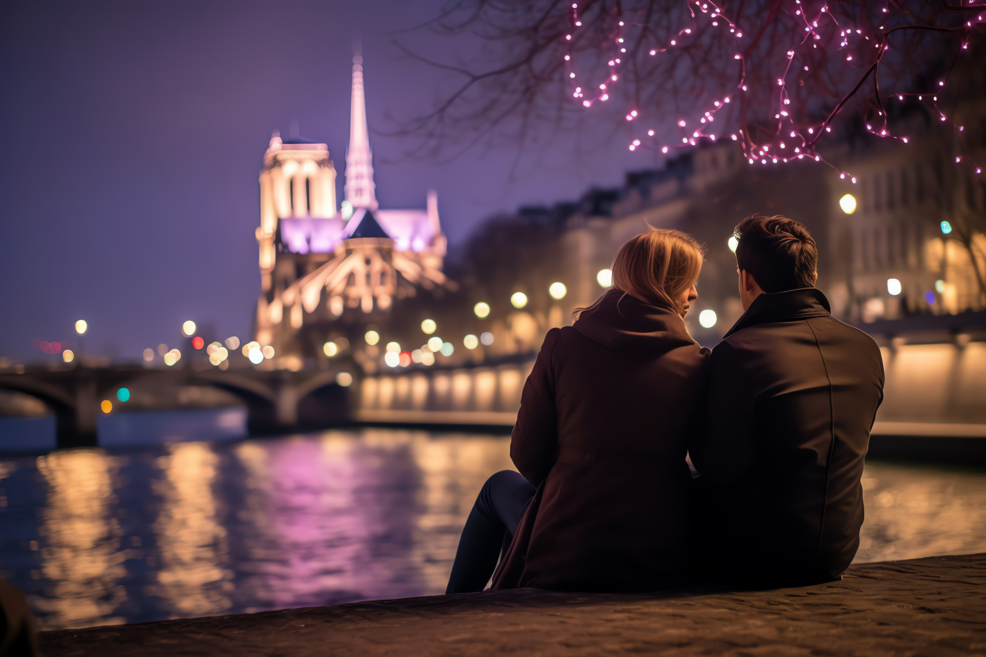 Parisian riverside rendezvous, Seine river lights, romantic holiday evening, city of love, illuminated nocturne, HD Desktop Image