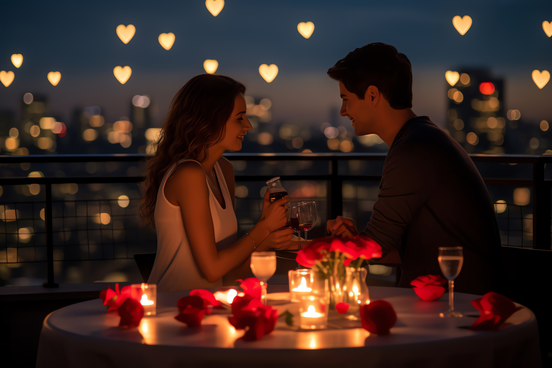 Day of love, Elevated terrace, Urban horizon, Twinkling lights, Amorous adornments, HD Desktop Image