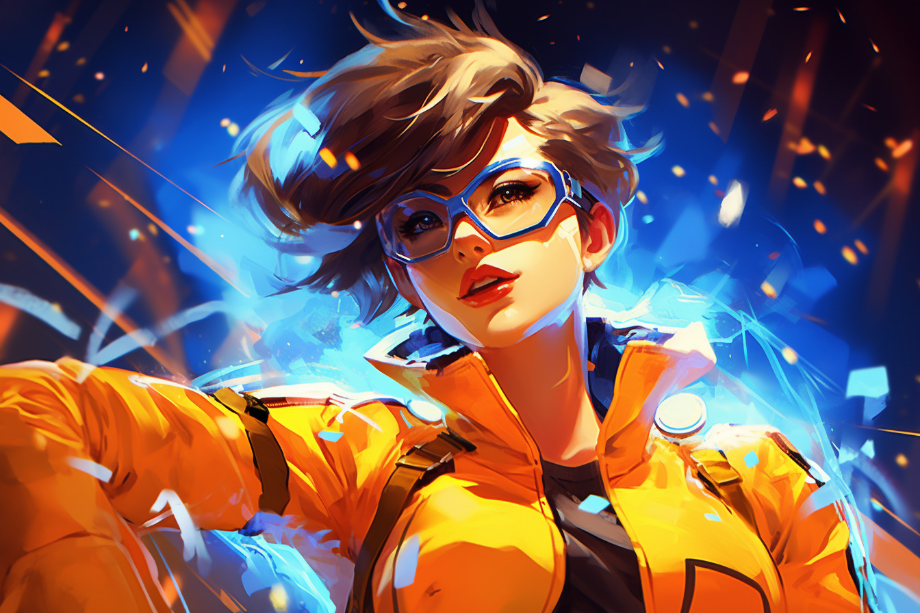 Overwatch Tracer, Cyberpunk venue, Gaming competition, Enthusiastic crowd, Virtual battleground, HD Desktop Wallpaper