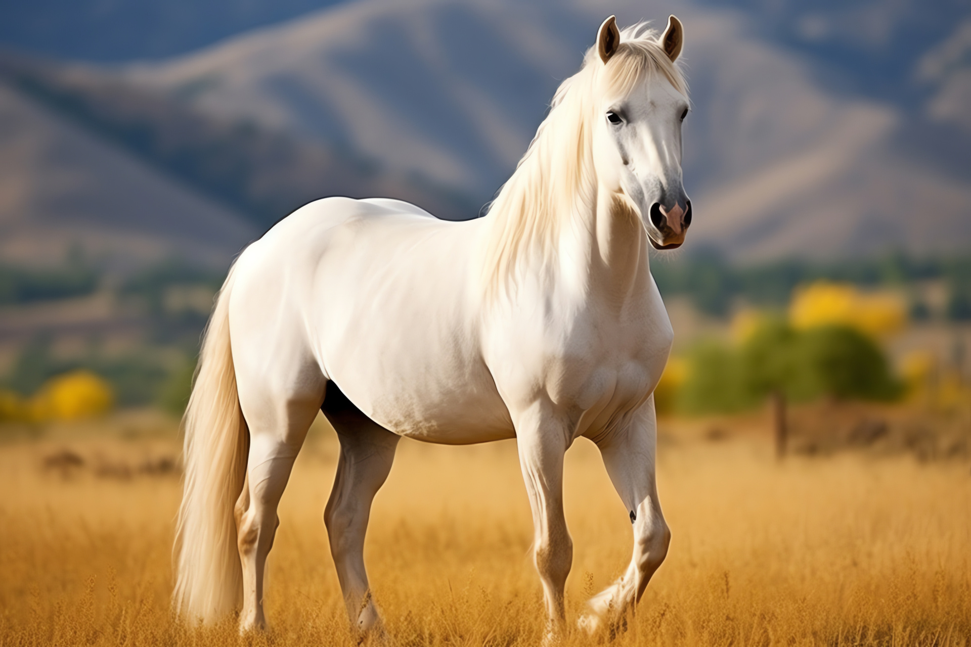 Welsh Pony equine, snow-hued mane, petite stature, golden eye, pastoral glow, HD Desktop Image