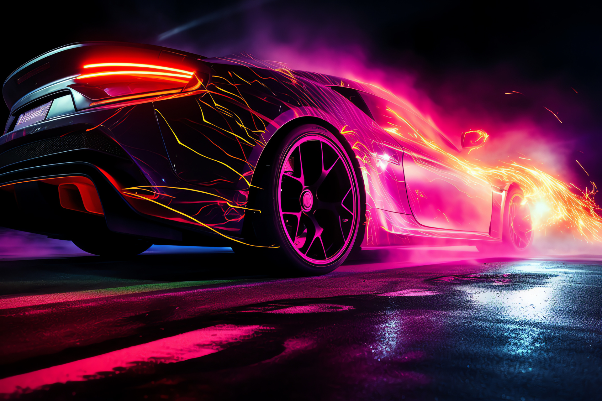 Underground neon racer, burnt rubber trails, dark pavement, tense race, dramatic velocity, HD Desktop Wallpaper