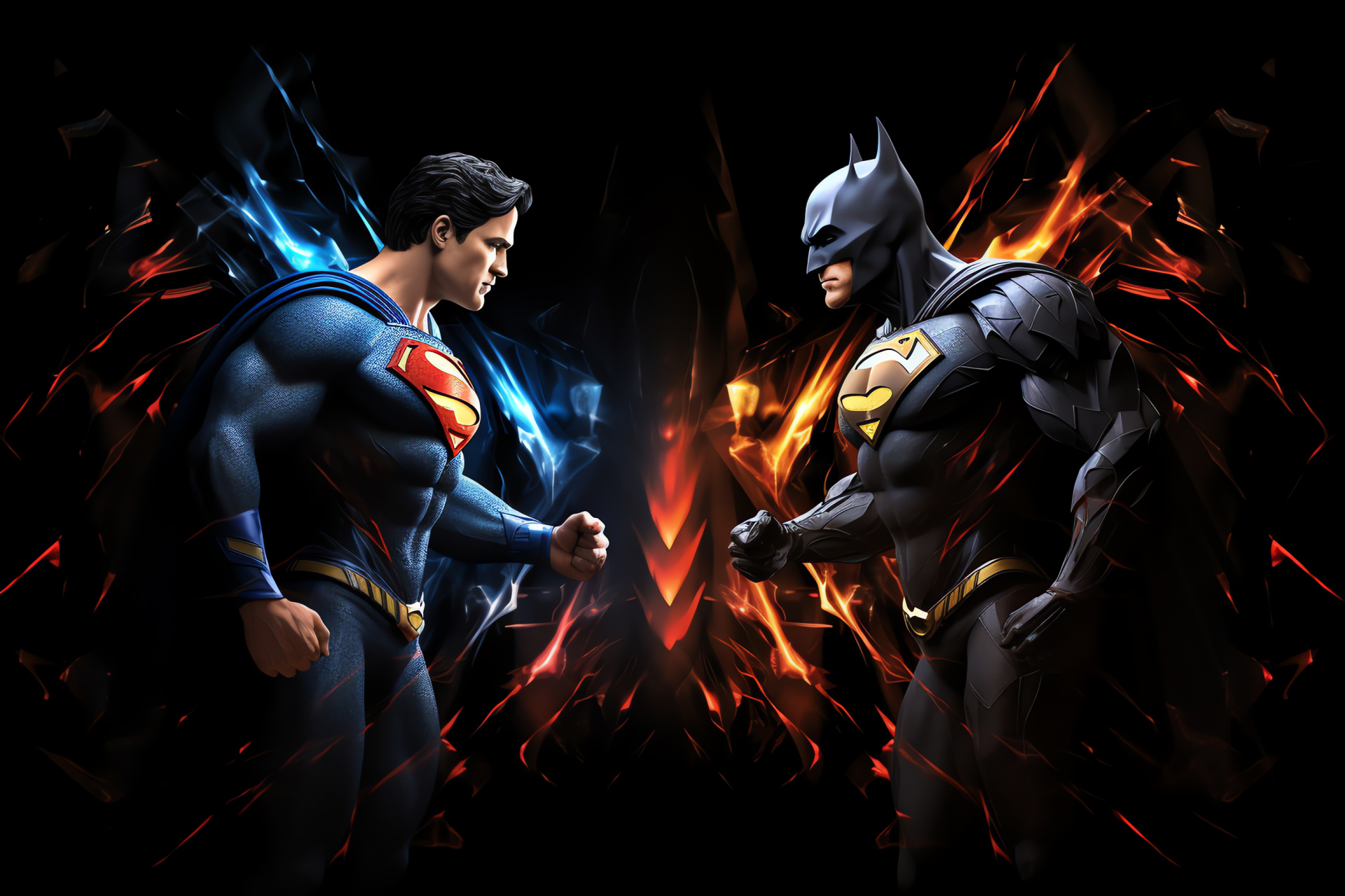 DC heroes Superman and Batman, intense showdown, piercing stares, dark background, comic icons, HD Desktop Image