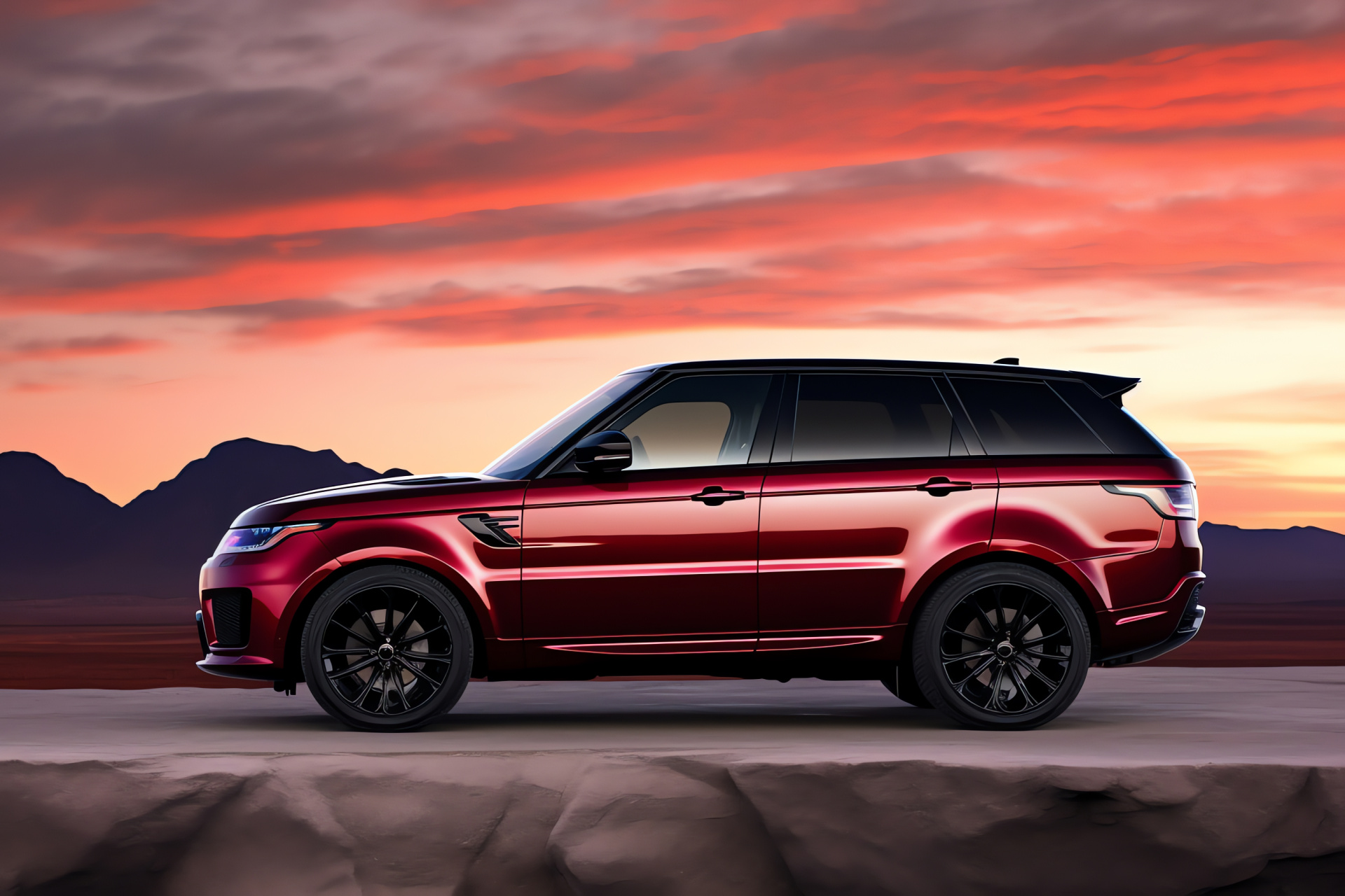 Range Rover Sport 2018 design, Triple color backdrop, Black and red highlights, Vehicle sleek form, Automotive performance symbol, HD Desktop Wallpaper