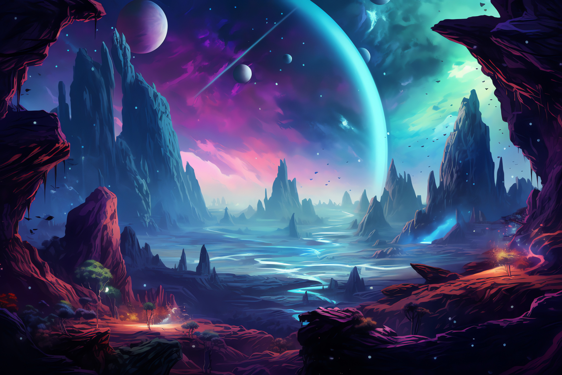 Science Fiction Fantasyscape, Mythic territory, Cosmic hues, Extraterrestrial vegetation, Interplanetary ecosystem, HD Desktop Image