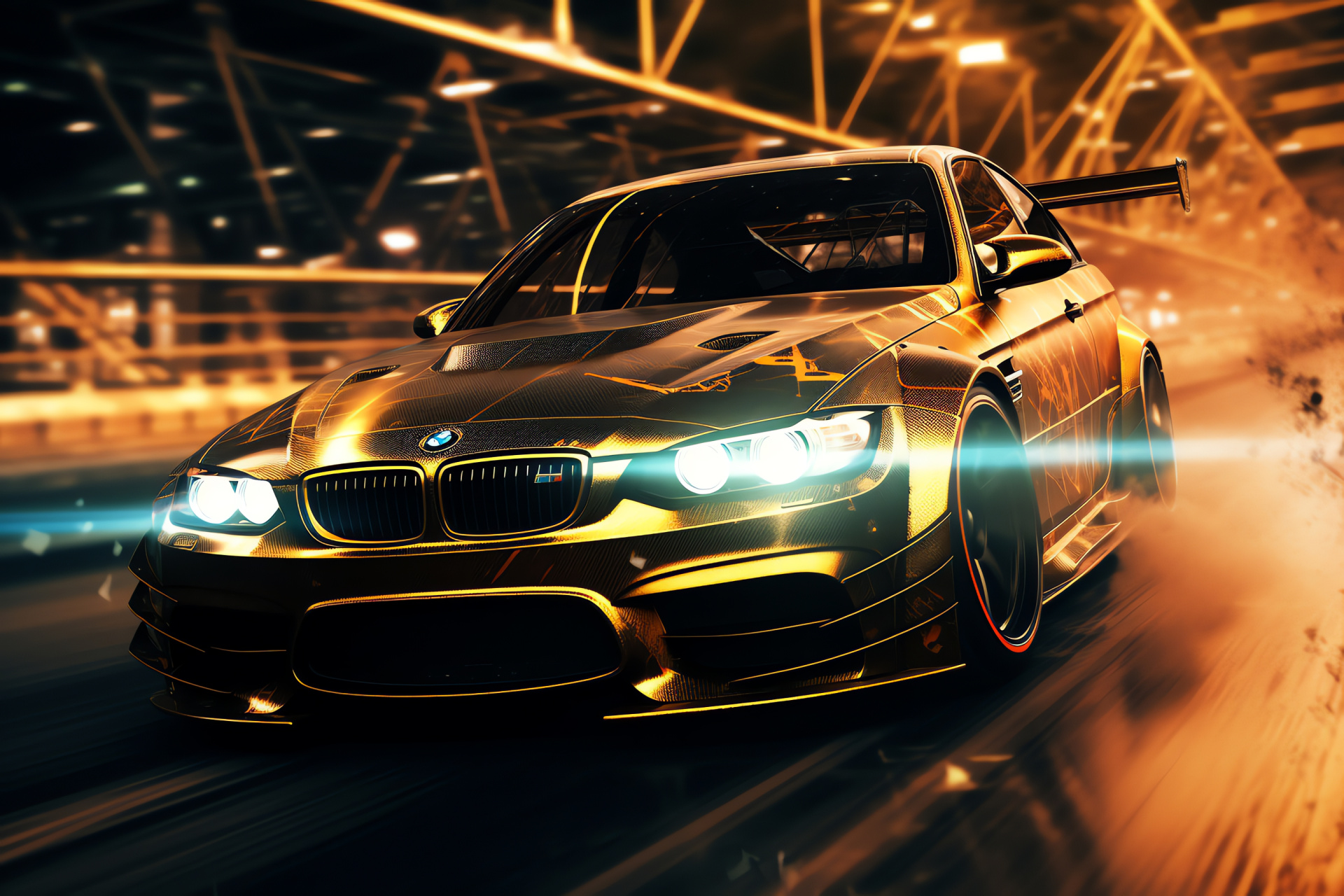 NFS Most Wanted display, BMW M3 GTR visual, Car customization showcase, Gold detailing, Black contrast, HD Desktop Image