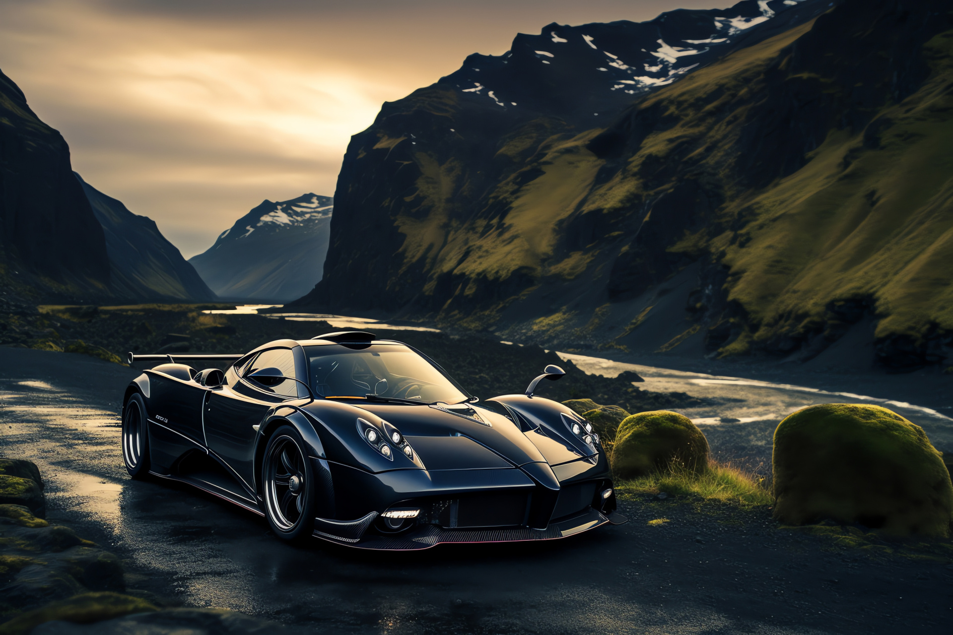 Pagani Zonda F, Icelandic landscape, twisty pathways, lava rock formations, steep cliffside beauty, HD Desktop Wallpaper