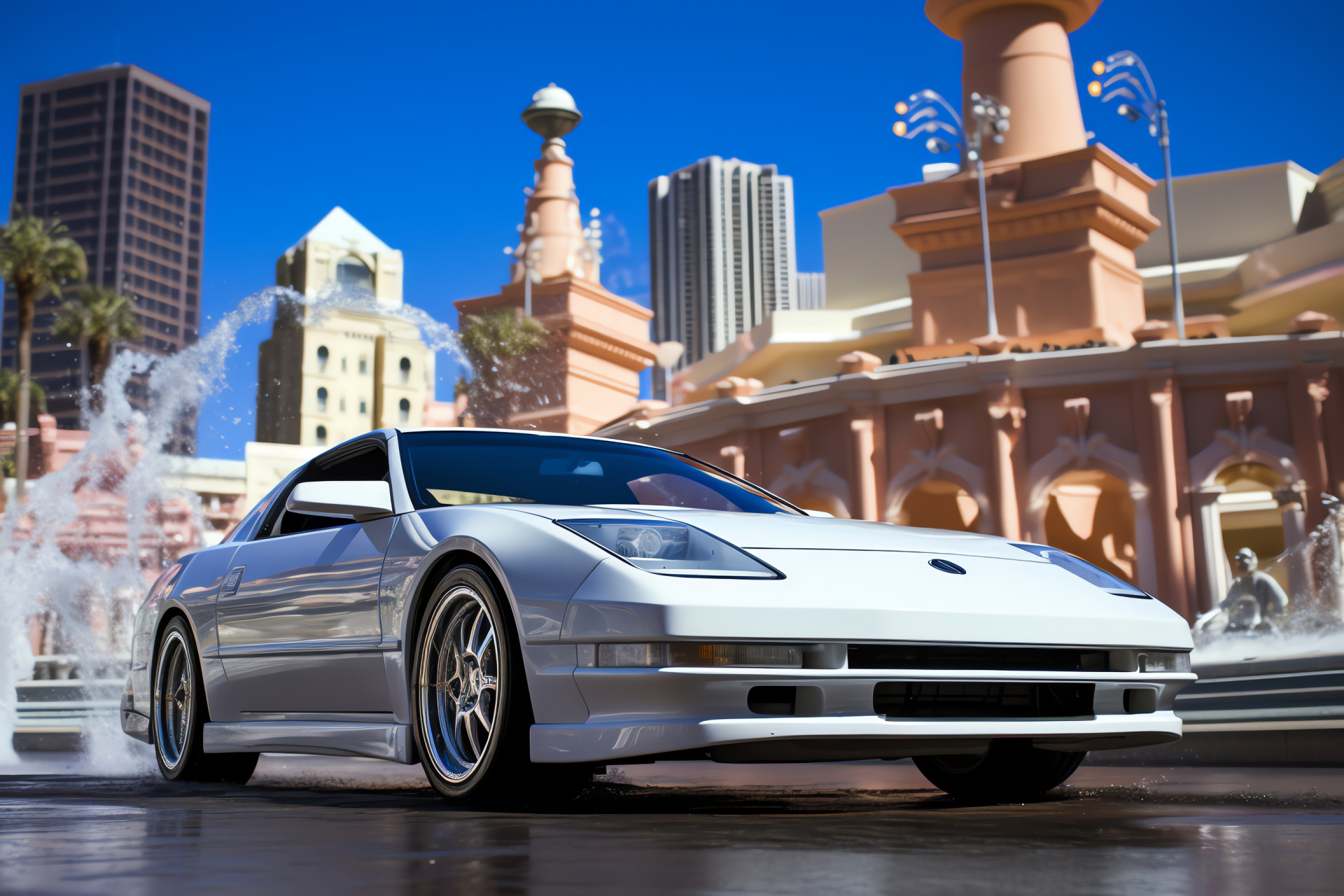 300ZX Twin Turbo, Vegas backdrop, Water spectacle, Alabaster finish, Iconic Strip locale, HD Desktop Image