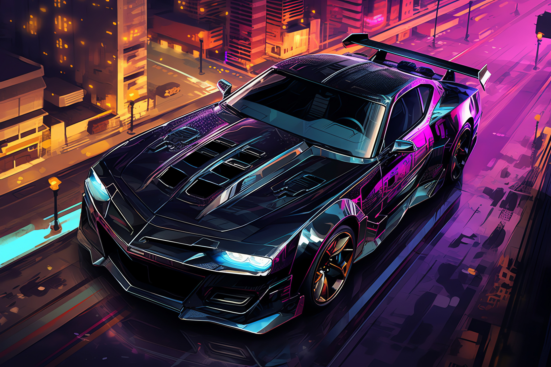 Trans Am WS6 Ram Air Coupe, Cyberpunk urban setting, Pontiac performance, Neon-lit metropolis, Aerial cityscape, HD Desktop Image