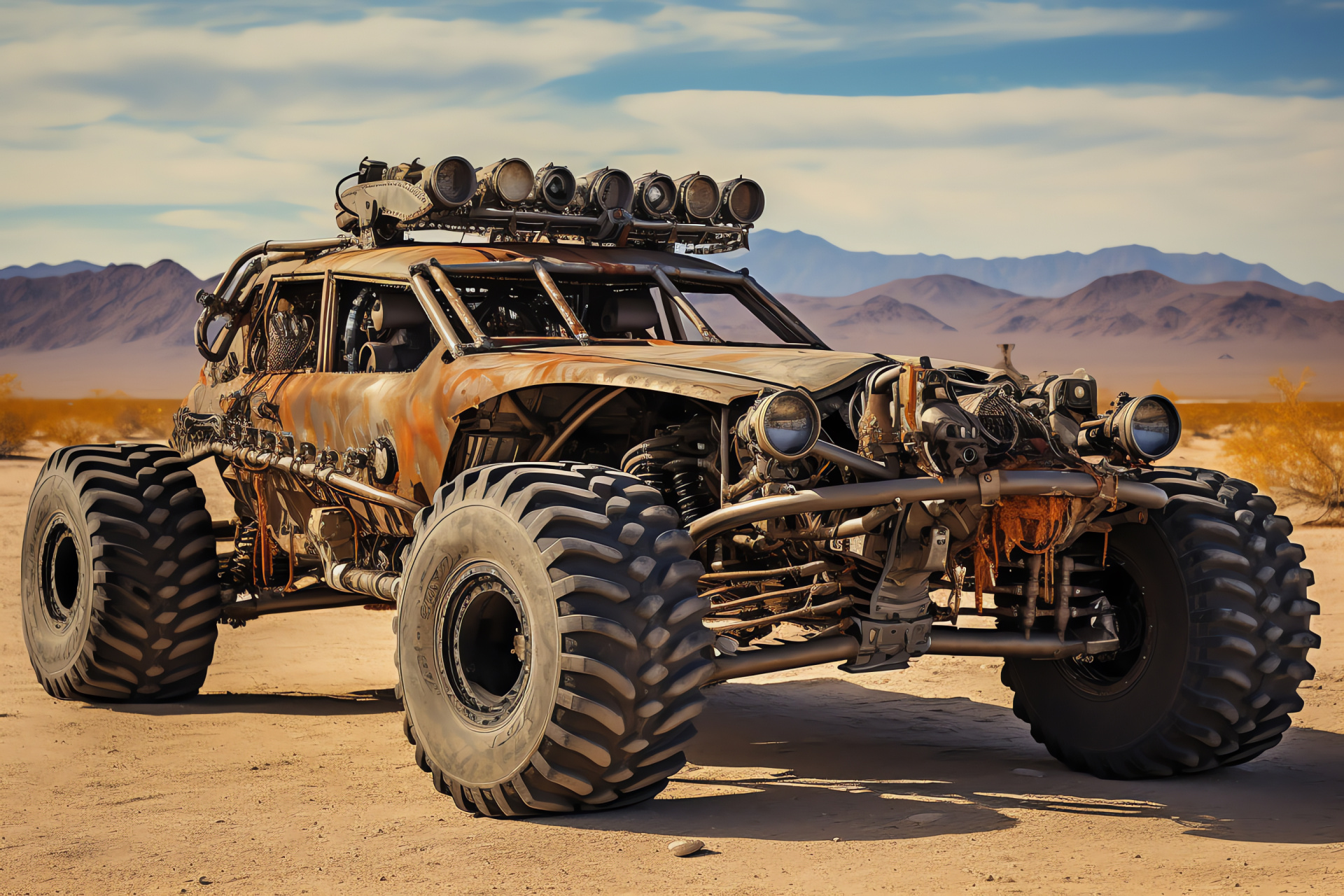 Post-apocalyptic Rat Rod, Camouflage appearance, Spiked tire configuration, Off-road build, Rugged suspension design, HD Desktop Image