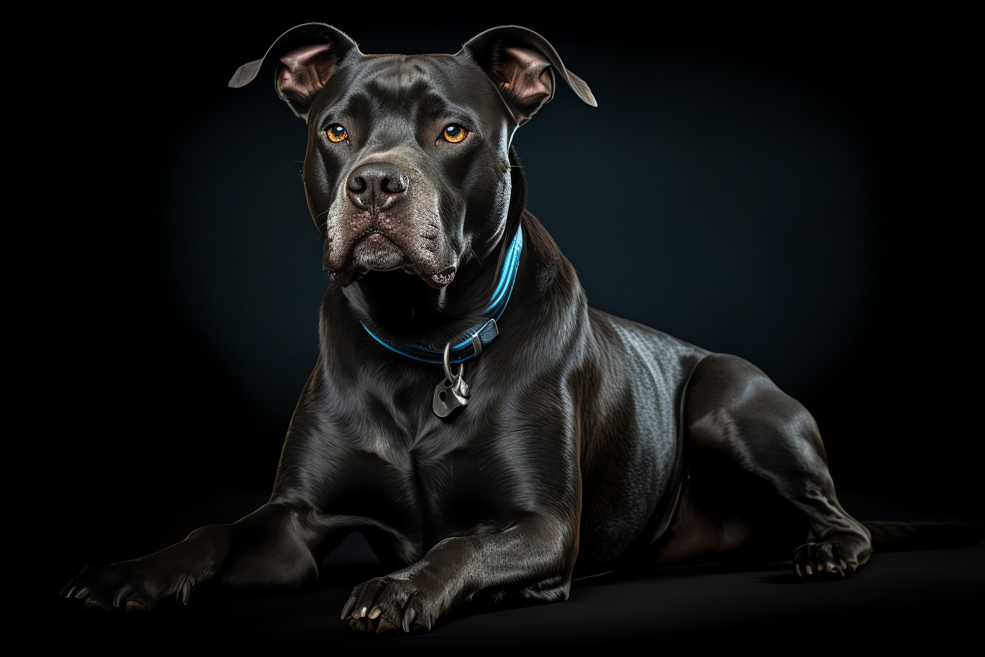 Pit Bull, azure fur, expansive portrait, obsidian surrounding, animal stature, HD Desktop Image