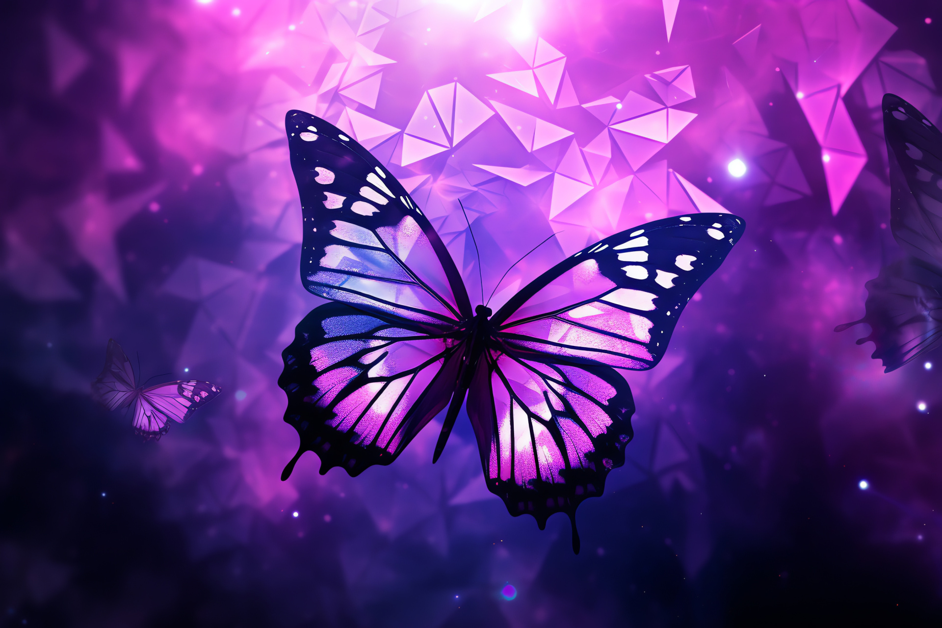 Graceful Purple butterflies, Whimsical flight, Patterned delicacy, Vibrant geometric backdrop, Insect ascension, HD Desktop Wallpaper