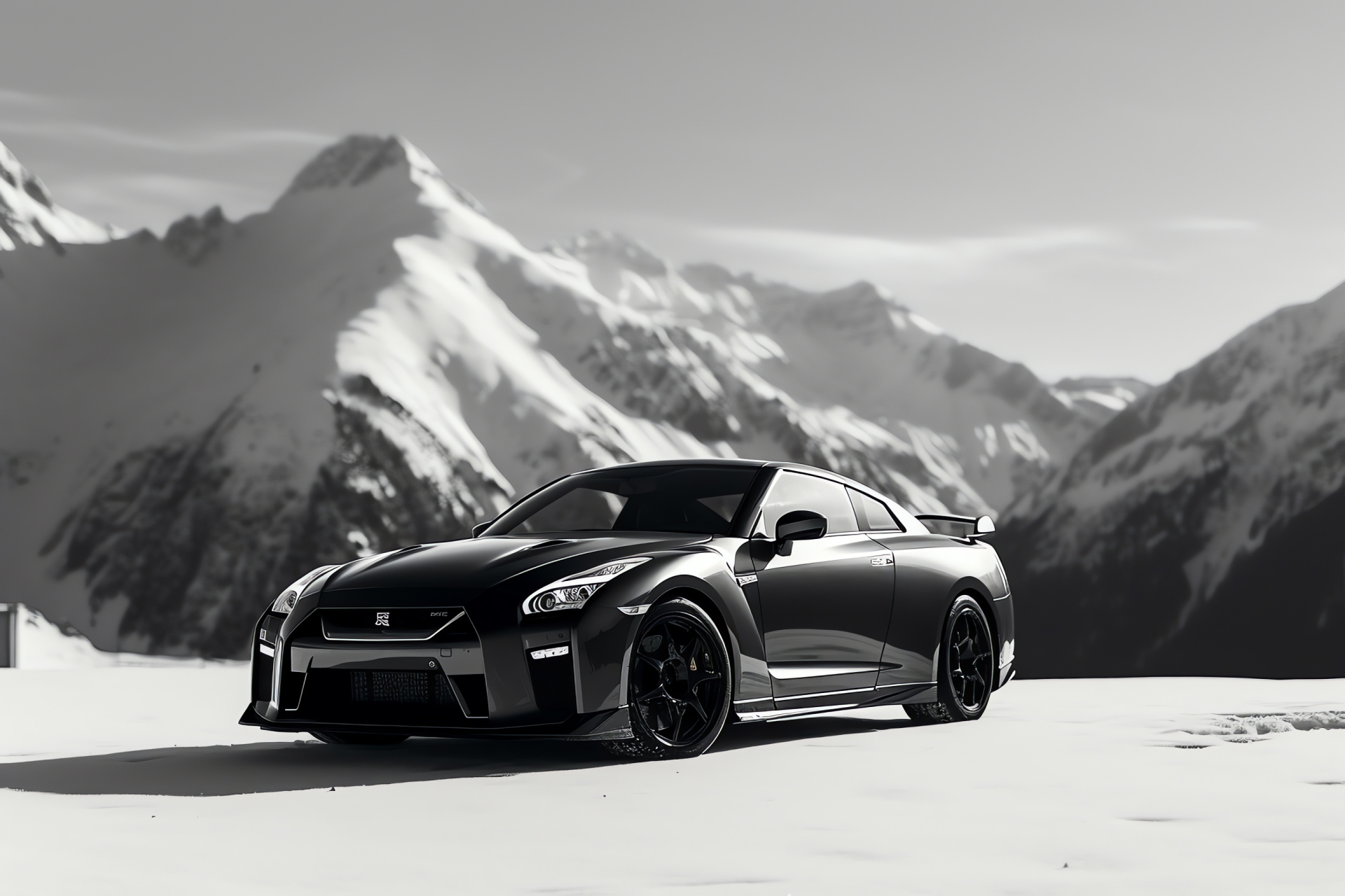 Nissan GTR HD, Canadian Rockies backdrop, GTR Black Edition aesthetic, Snowy region adventure, Solid colored finish, HD Desktop Image