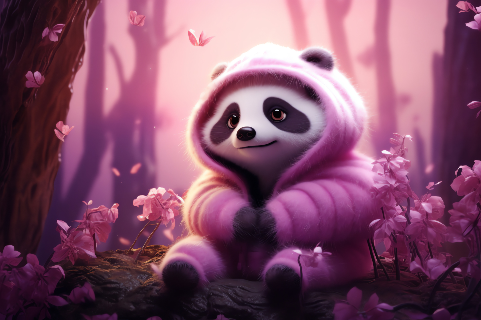 Ethereal Pink Panda, Fantasy wildlife, Imaginary creature, Enchanted forest, Nocturnal scene, HD Desktop Wallpaper