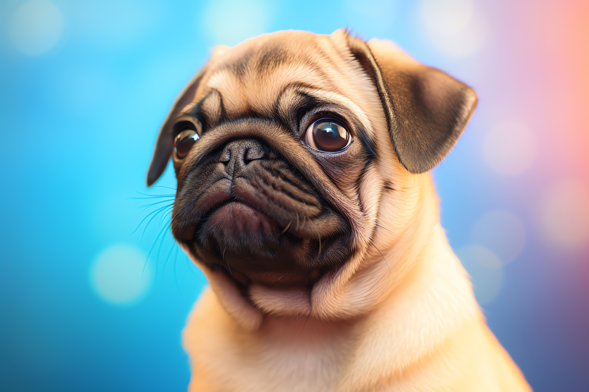 Adorable Pug face, Large Pug eyes, Fawn Pug appearance, Tri-color background Pug, Pug feature close-up, HD Desktop Wallpaper