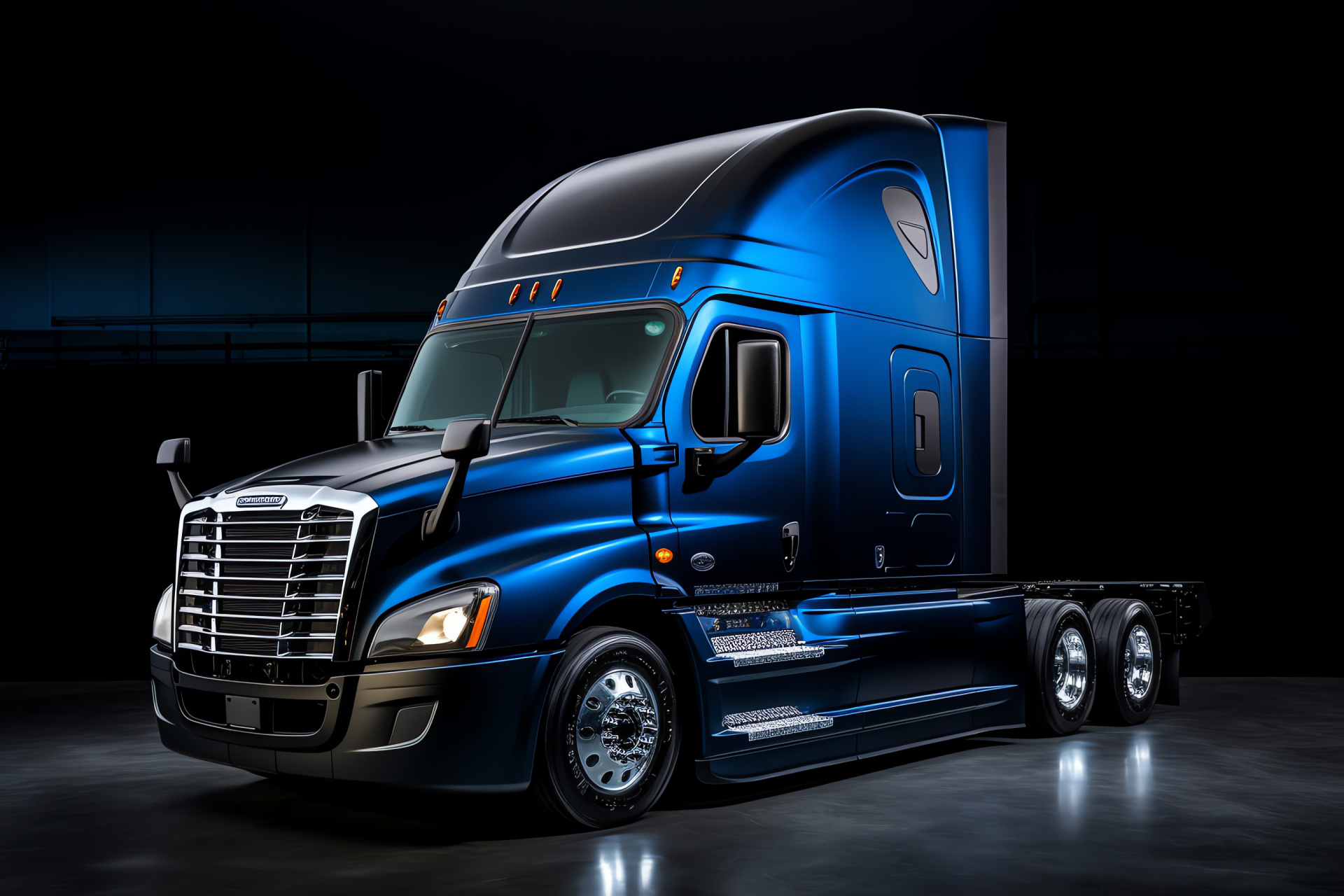 Side profile of Freightliner Cascadia, blue Semi Truck, expansive black setting, HD Desktop Image