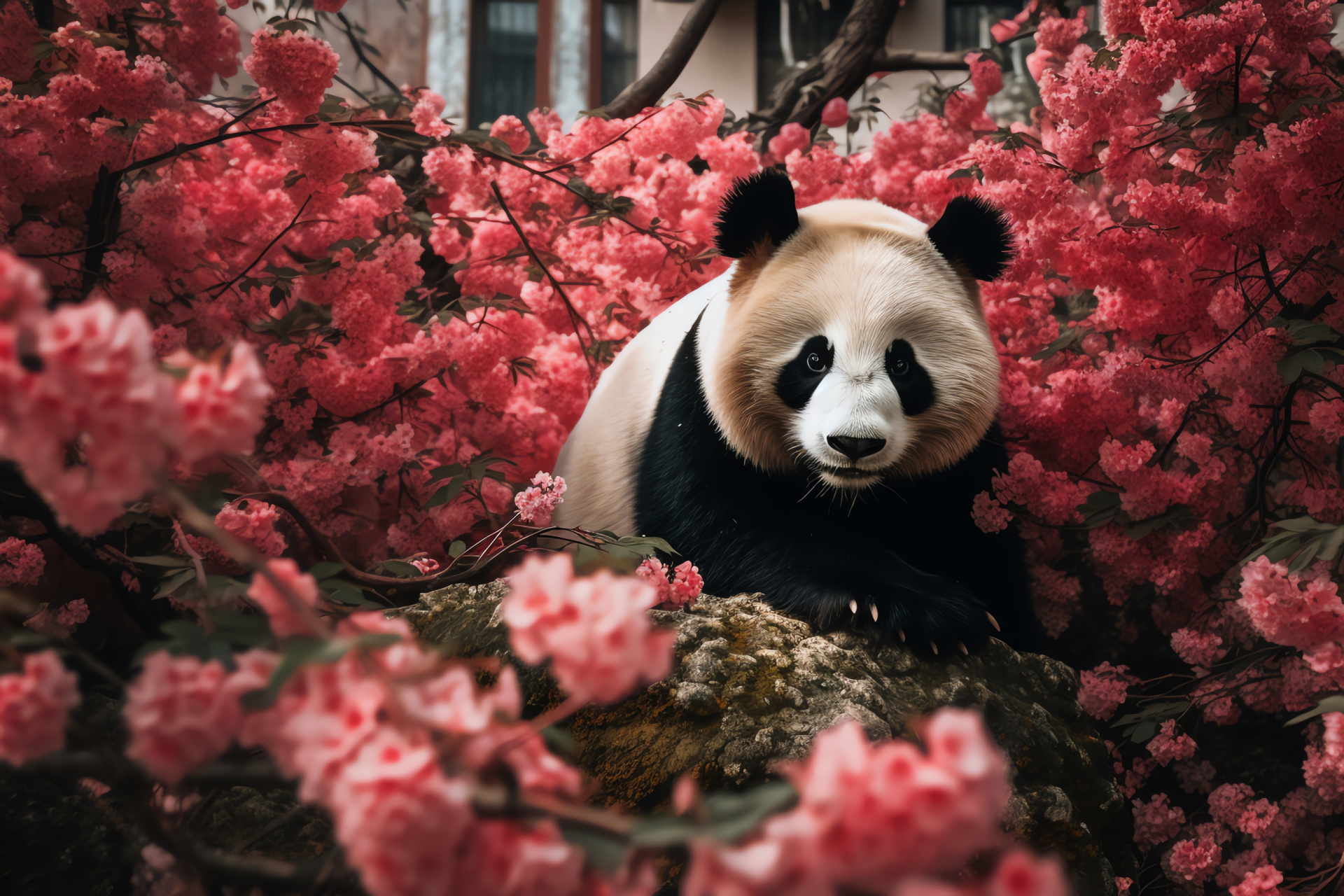 Panda, red eyes, playful nature, outdoor setting, black and white pattern, HD Desktop Wallpaper