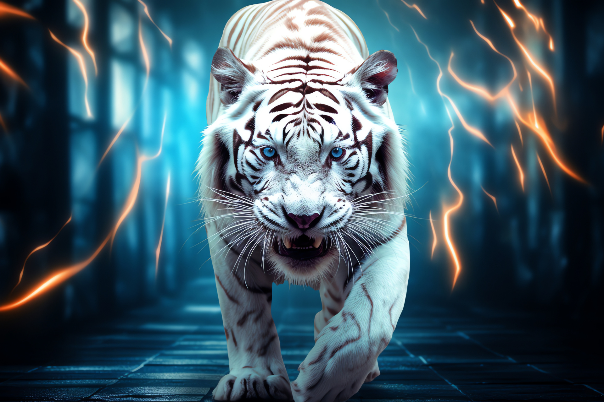 White Tiger stance, Feline agility, Striped predator, Exotic cat, Wild animal sanctuary, HD Desktop Wallpaper