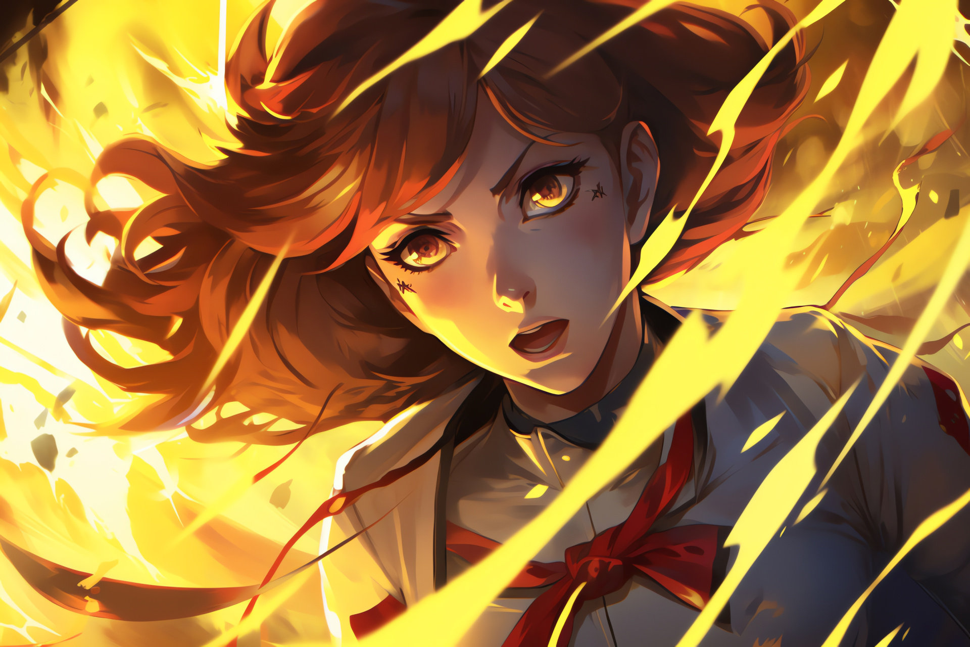 Rise Kujikawa game icon, Persona summon Himiko, Pop idol character, Digital storm effects, Shin Megami Tensei series, HD Desktop Wallpaper