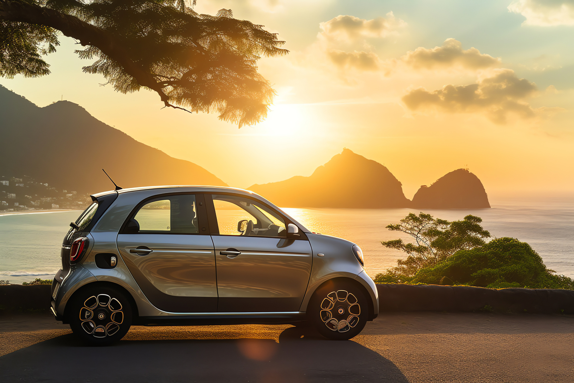 Smart ForFour EQ, Brazilian scenery, Rio de Janeiro vibe, Mountainous backdrop, Modern compact car, HD Desktop Image