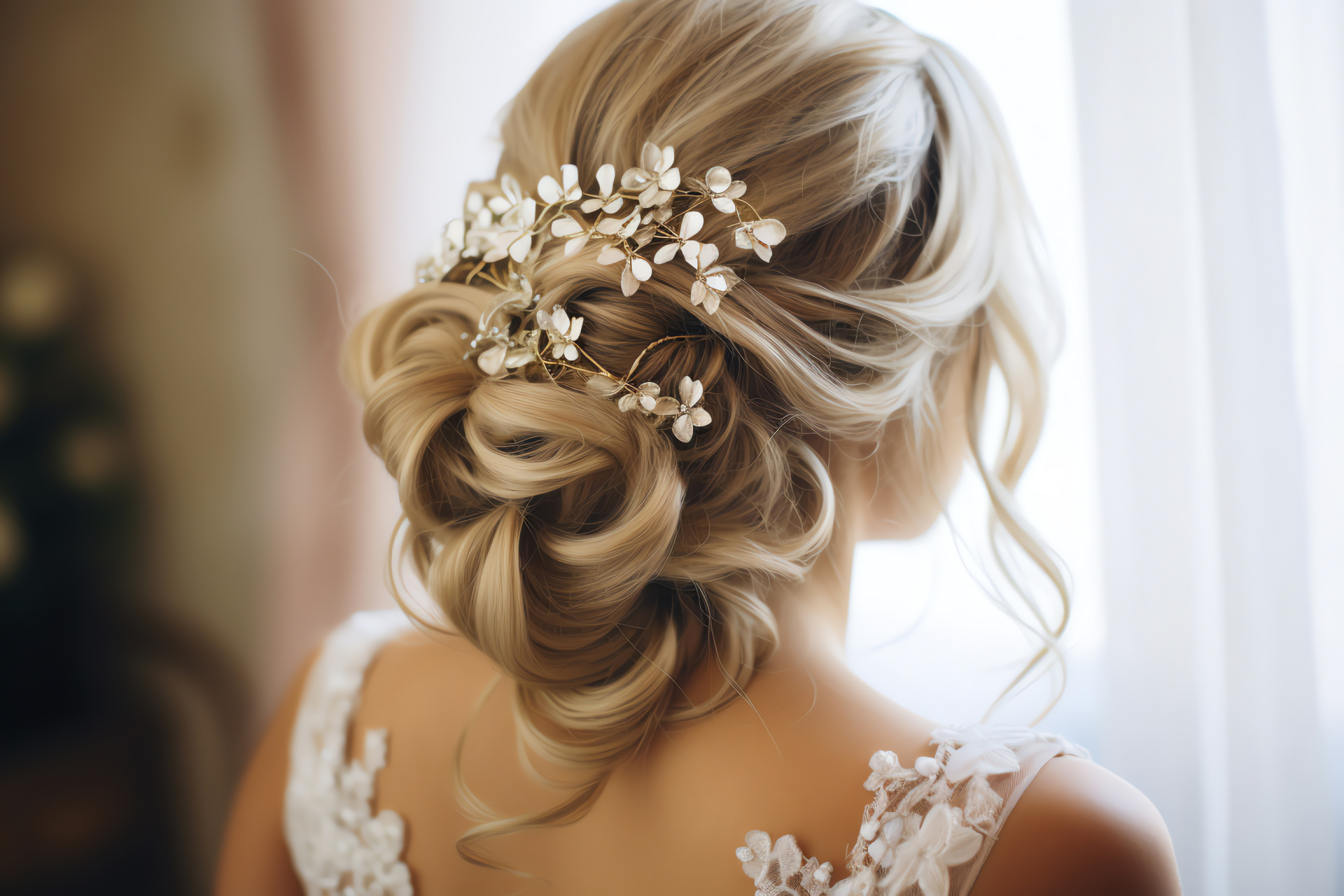 Bridal coiffure, Matrimonial upstyle, Botanical decor, Folral adornments, Hairstyling detail, HD Desktop Wallpaper