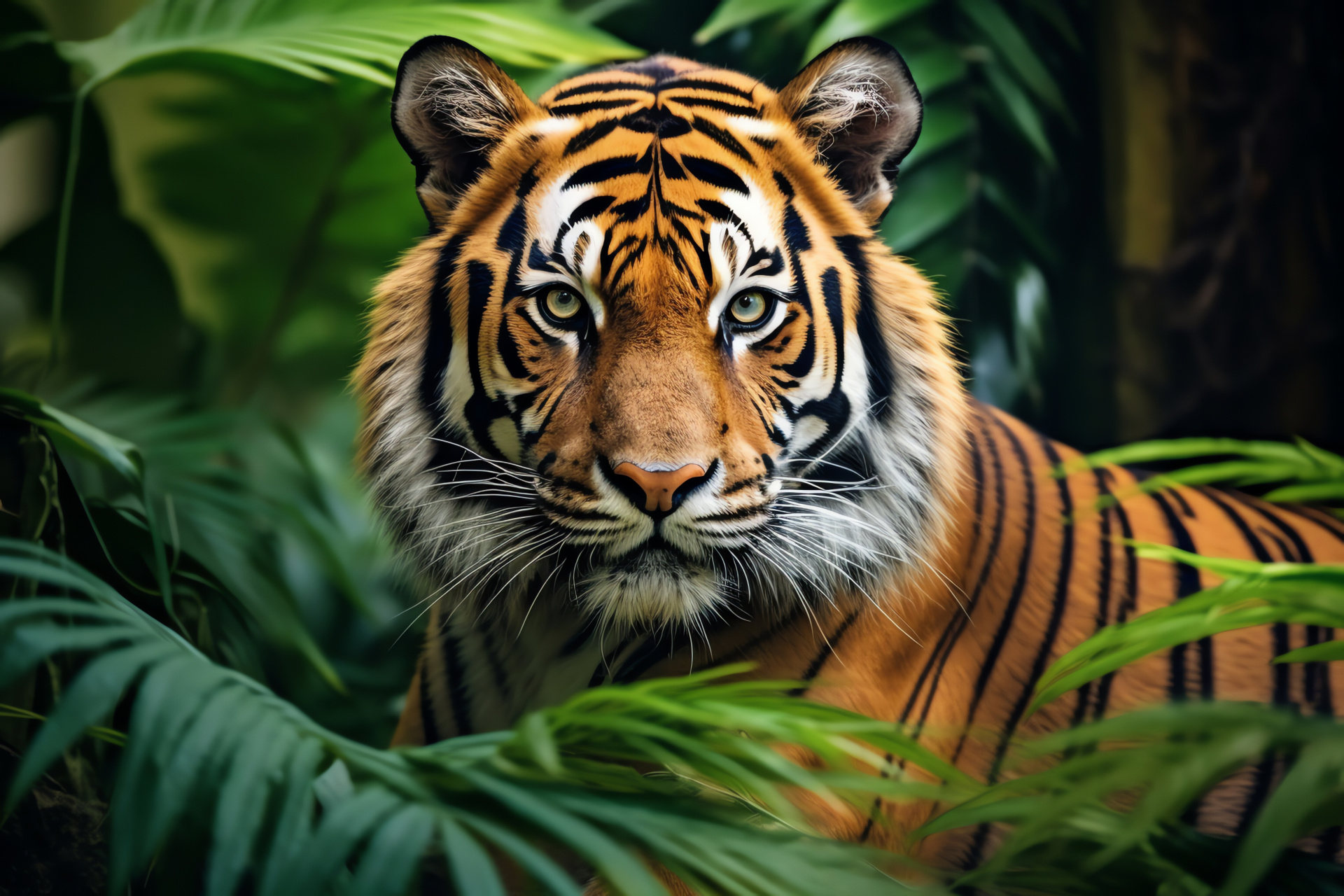 Festive tiger image, Exotic holiday animal, Vibrant orange coat, Distinctive black markings, Jungle ecosystem, HD Desktop Wallpaper