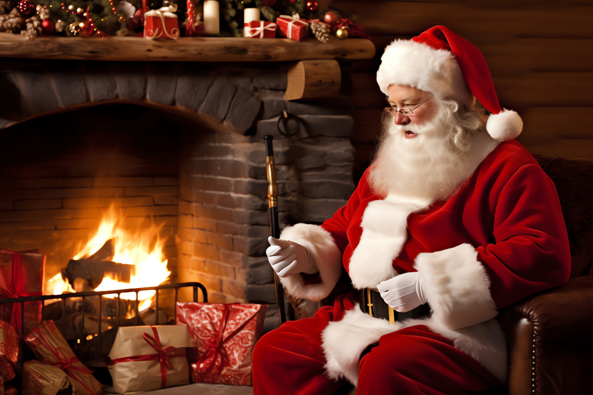 Kris Kringle hearthside, snug residence, serene wintry scene, yuletide blaze, HD Desktop Image