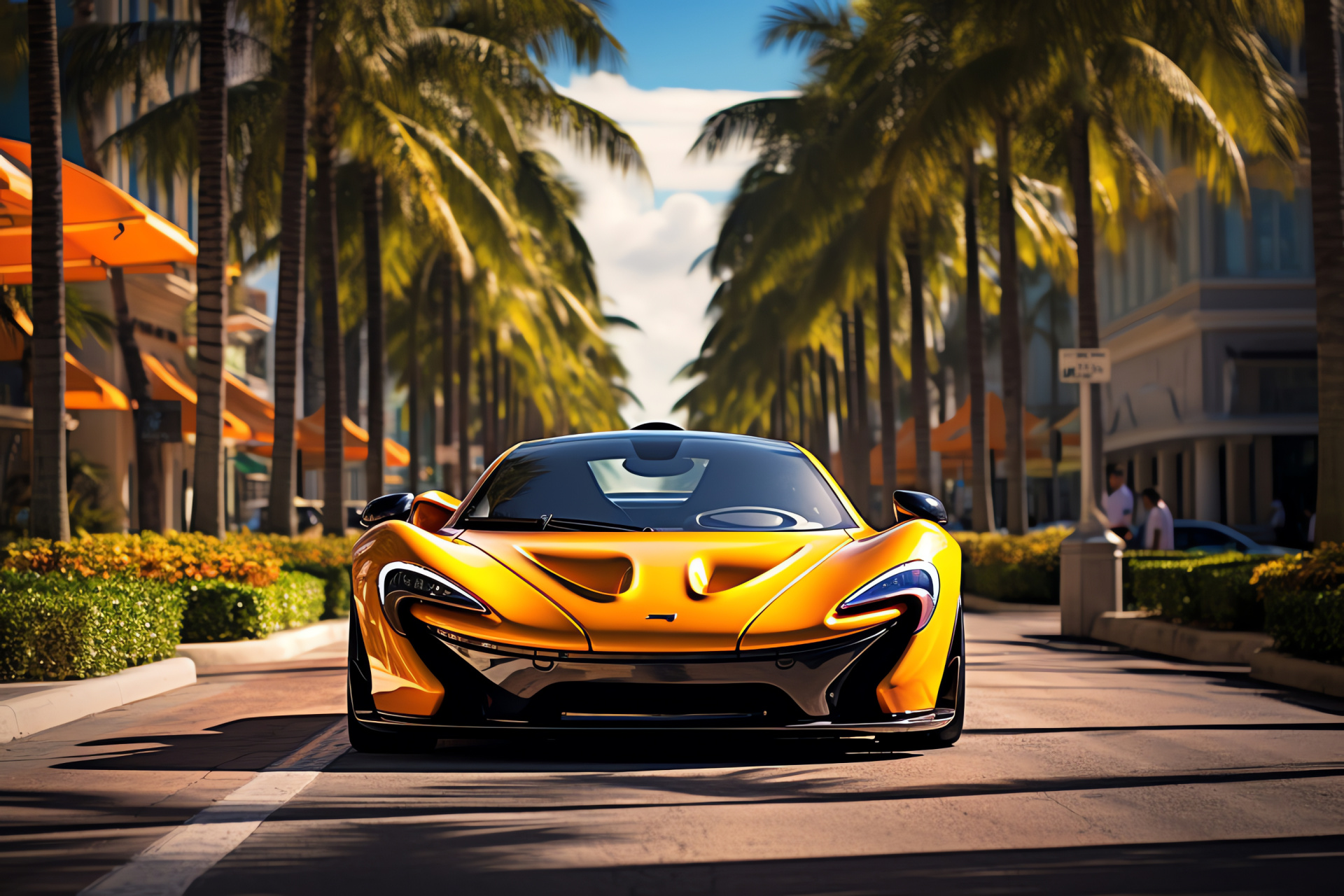 Supercar elegance, McLaren P1 design, Miami Beach, Neon culture, Architectural gems, HD Desktop Wallpaper