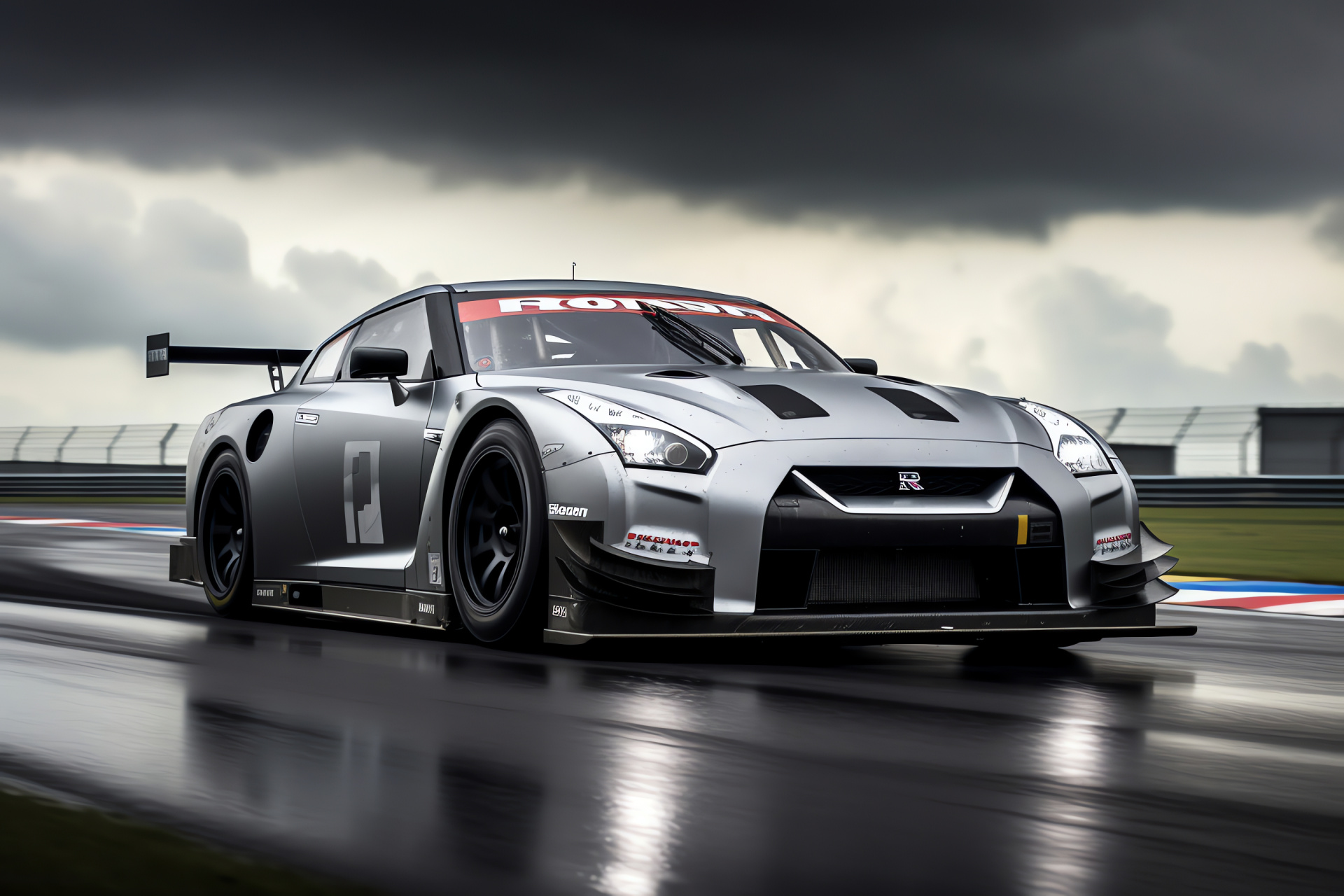 Nissan GTR HD, Silverstone Circuit, GT3 race, Aerial track scene, Silver black racing vehicle, HD Desktop Wallpaper