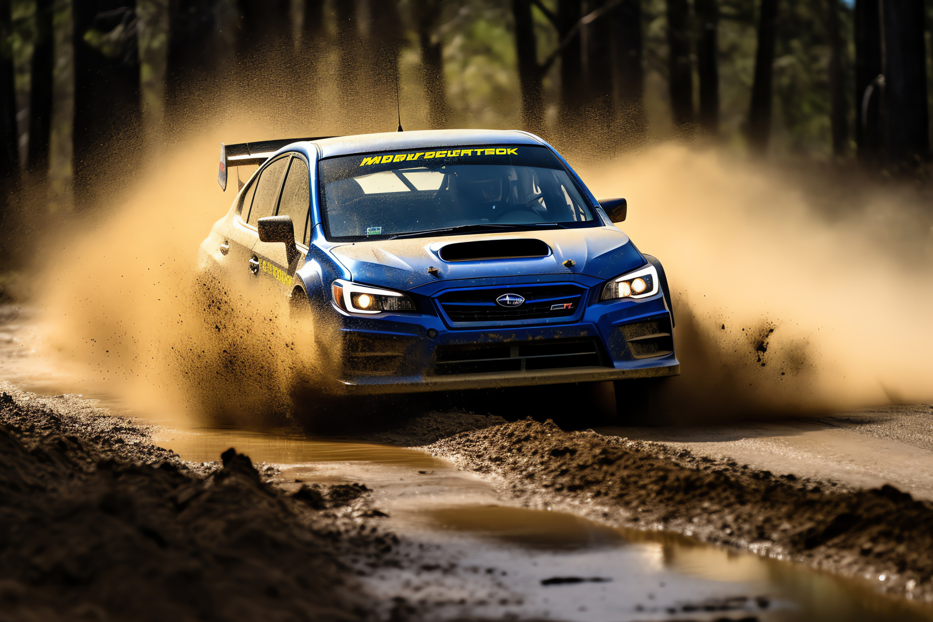 Subaru WRX rally edition, Australian Outback terrain, aggressive rally design, illumination lights, mud-splattered surface, HD Desktop Image