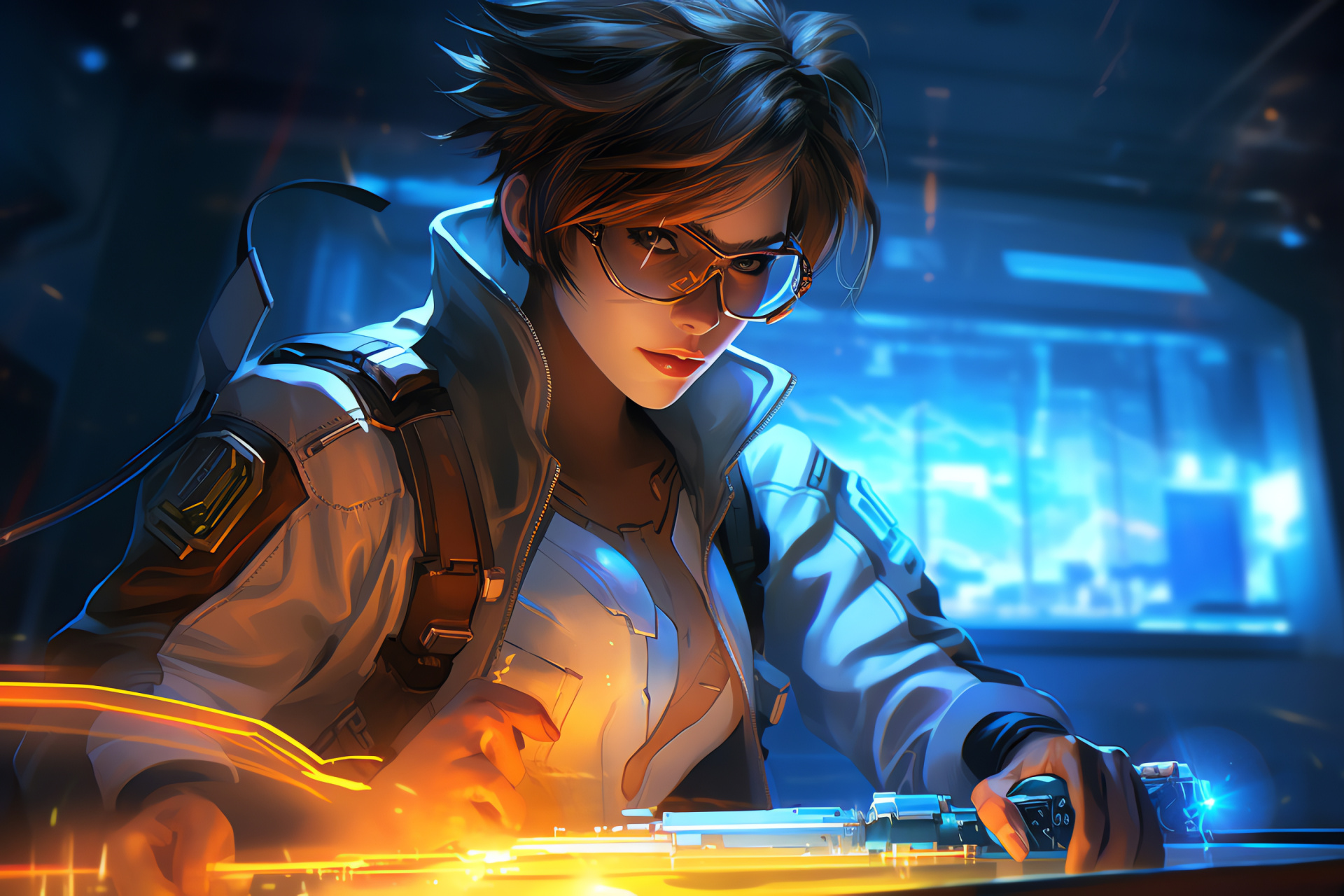 Agile Tracer gameplay, Swift game character, Cyber laboratory scene, Overwatch supplement, Gaming agility showcase, HD Desktop Wallpaper